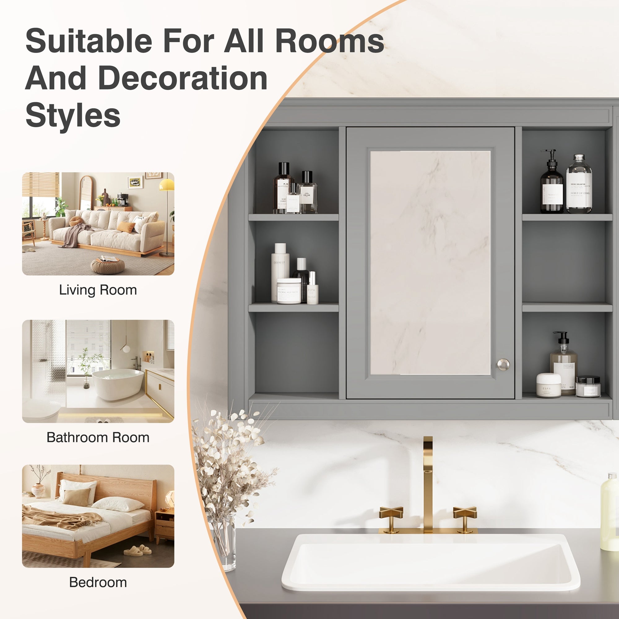 Modern wall-mounted bathroom mirror cabinet with open shelving, mounted view