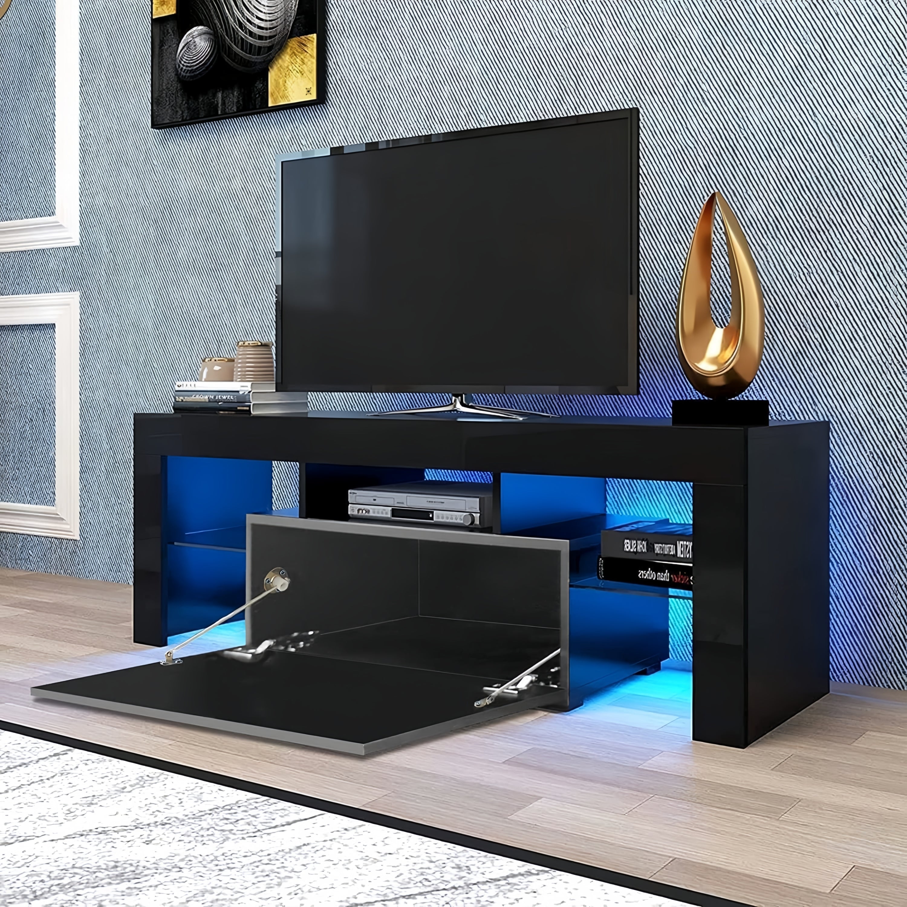LED TV Stand for Televisions up to 55 Inchs,Modern Entertainment Center with down filp door, Glass shelf and high glossy UV front face, TV Console Table for Living room,Bedroom. Black color