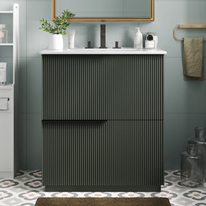 30-inch green fluted bathroom vanity with ceramic sink, front view