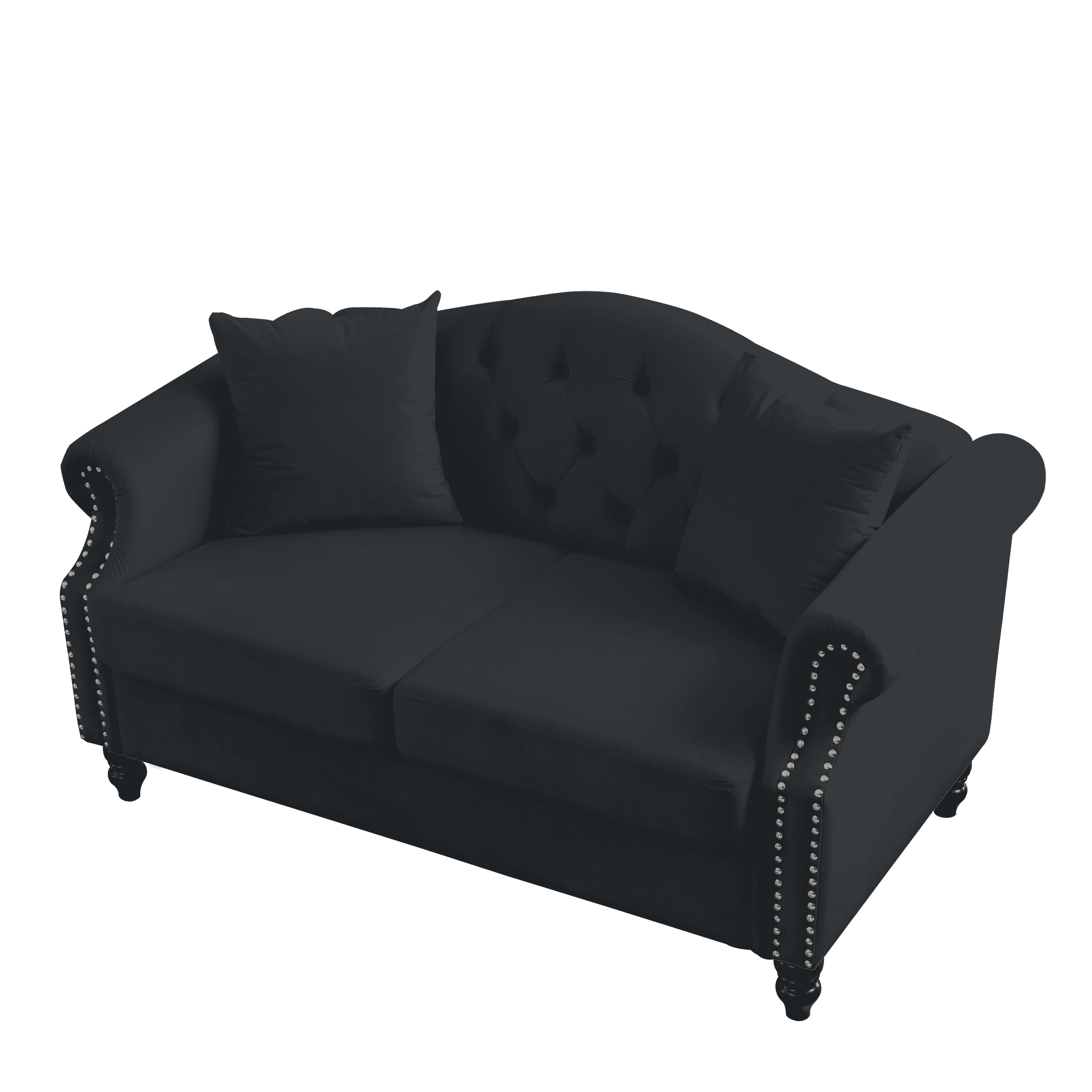 57" Chesterfield Sofa Black Velvet for Living Room, 2 Seater Sofa Tufted Couch with Rolled Arms and Nailhead for Living Room, Bedroom, Office, Apartment, two pillows