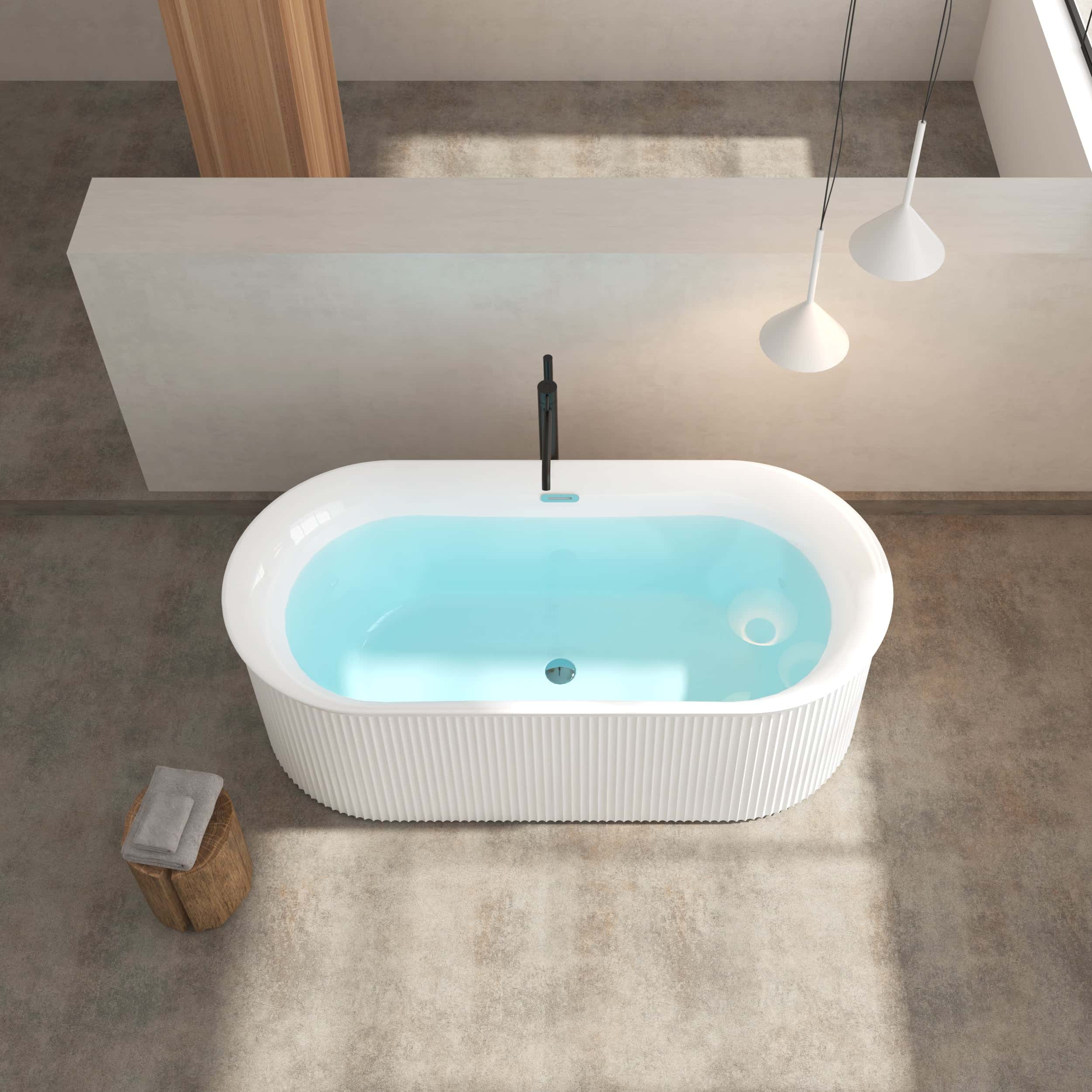 67" Acrylic Freestanding Bathtub-Acrylic Soaking Tubs, Fluted style-Gloss White Freestanding Bathtub With Classic Slotted Overflow and Toe-tap Drain in Chrome, 02149