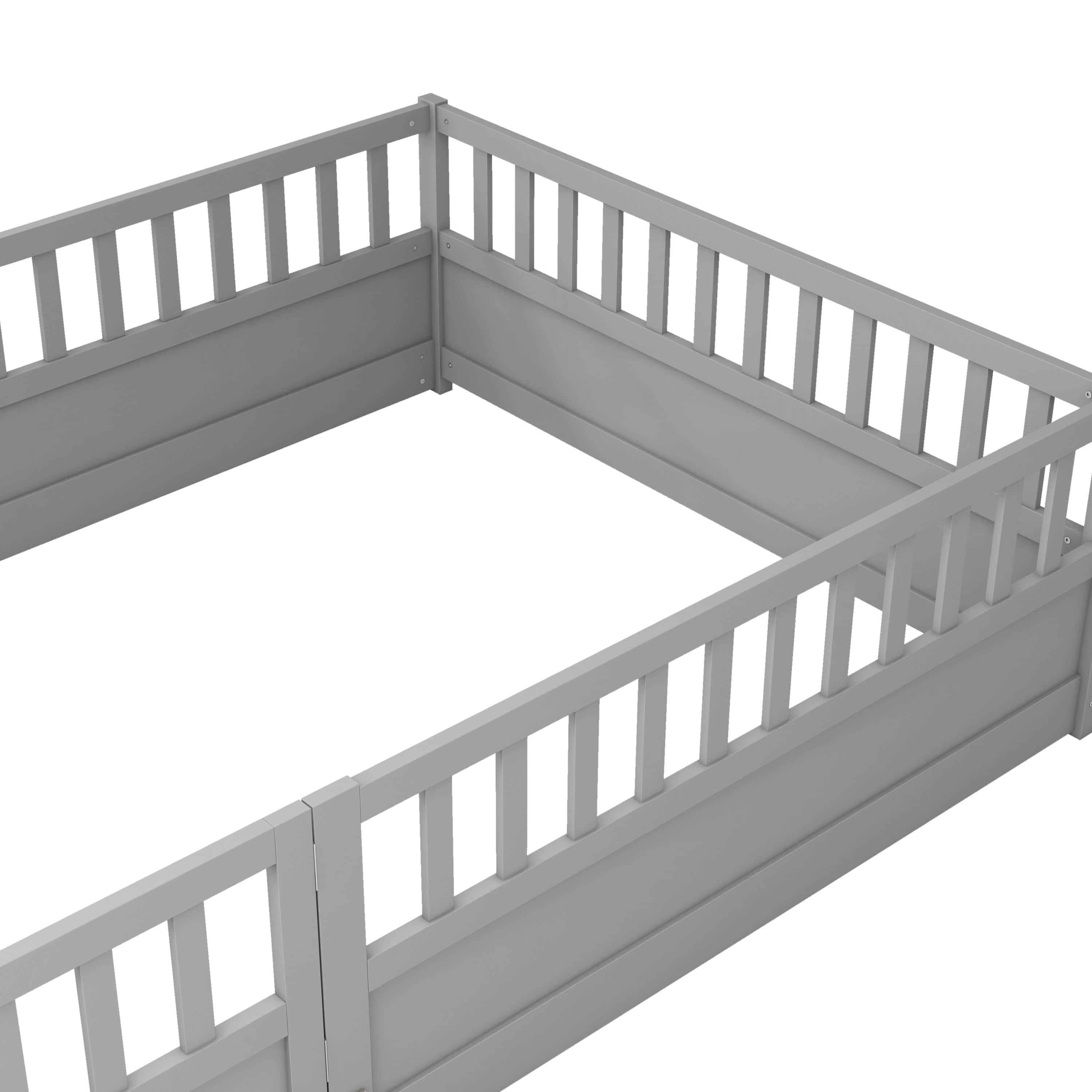 Full size Floor bed, integral construction with super high security barrier, door, children's floor bed frame, Montessori wooden children's floor bed, Grey