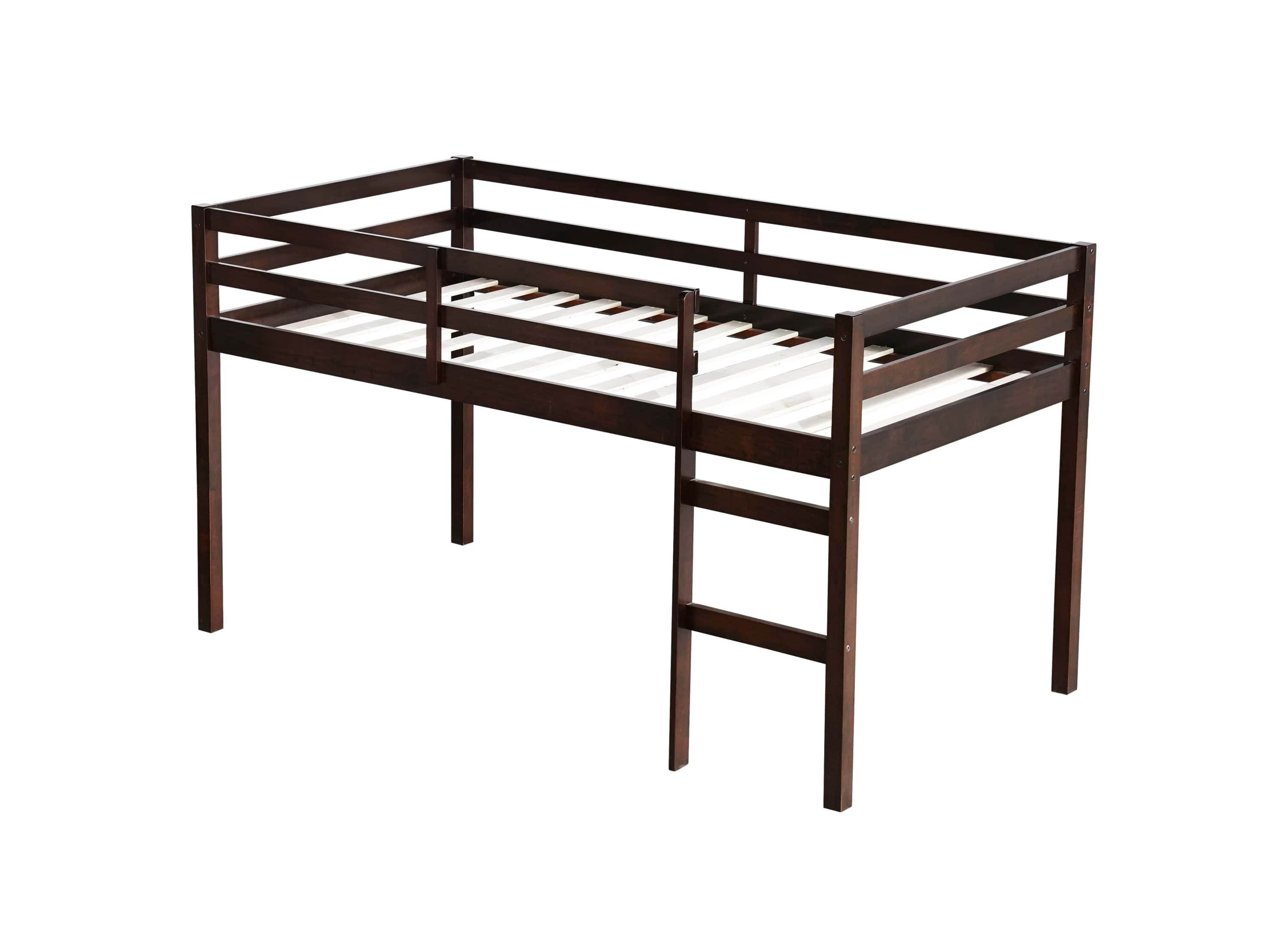 Solid Wooden, Rubber Wooden Twin Loft Bed with Ladder, Bed Platform of Strengthened Slats , Espresso