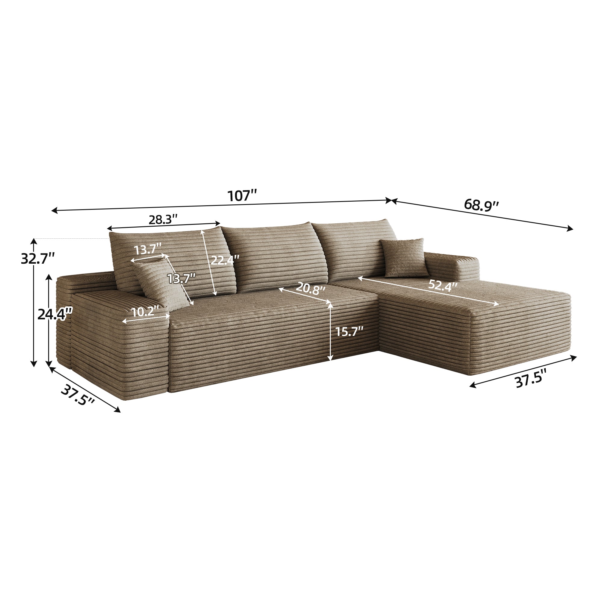 Camel modular corduroy sofa chaise, 107 inch, corner view