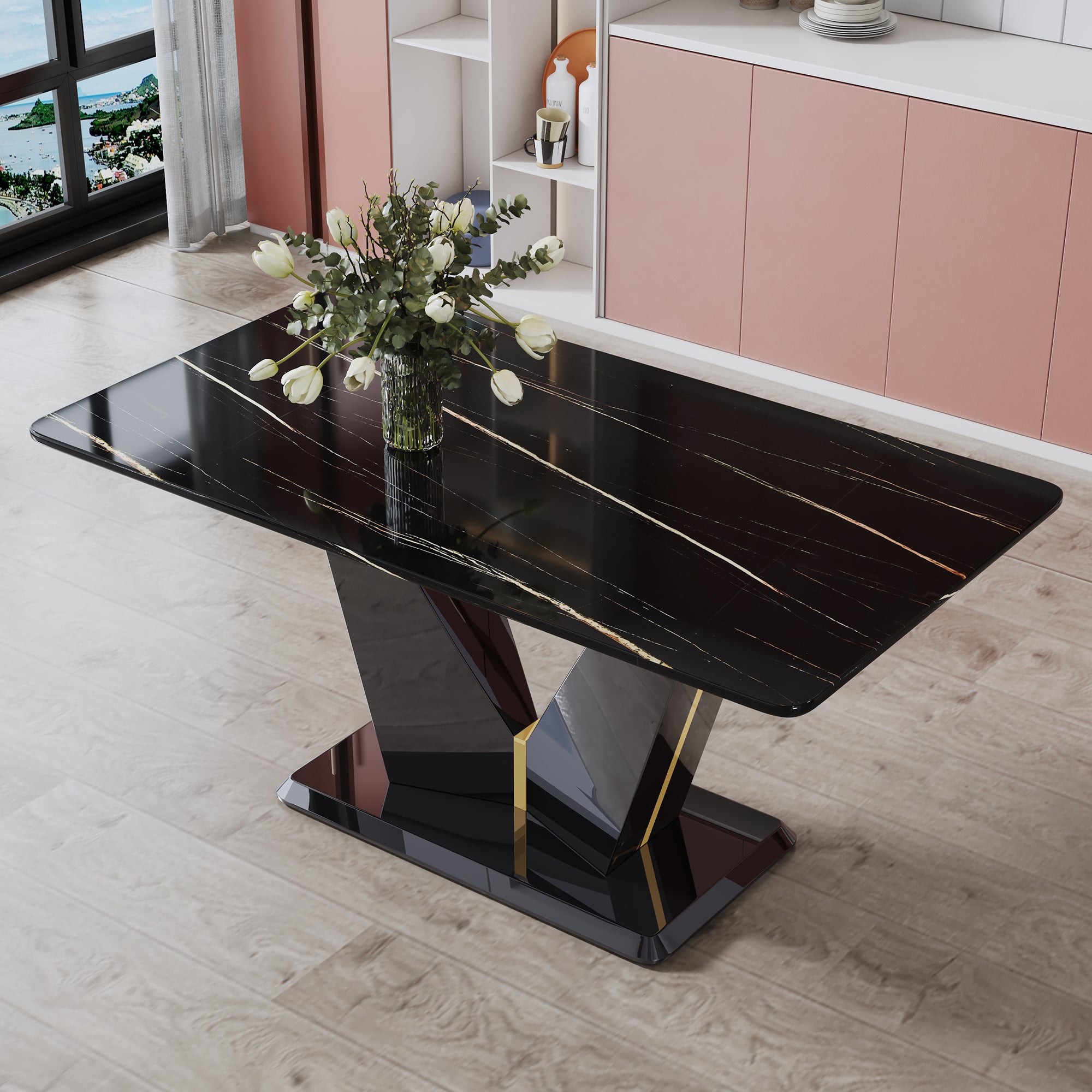 Modern minimalist rectangular dining table, 0.4 inch thick, with a black imitation marble pattern desktop and black MDF legs. Suitable for kitchen and restaurant 63''*35.4''X30" F-DV
