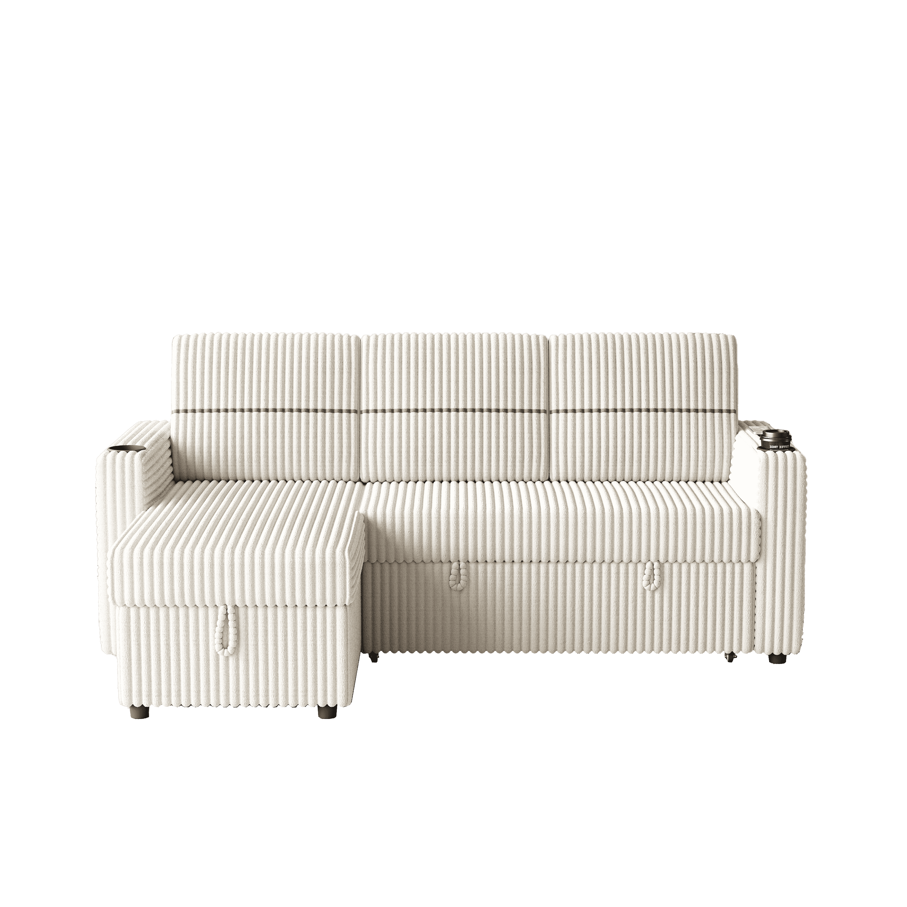 85 Inches Corduroy Sofa Bed, 3 Seater Sleeper Sofa with Storage Chaise, Square Handrail With Two Cup-holder And USB Charge Port, Pull Out Couch for Living Room