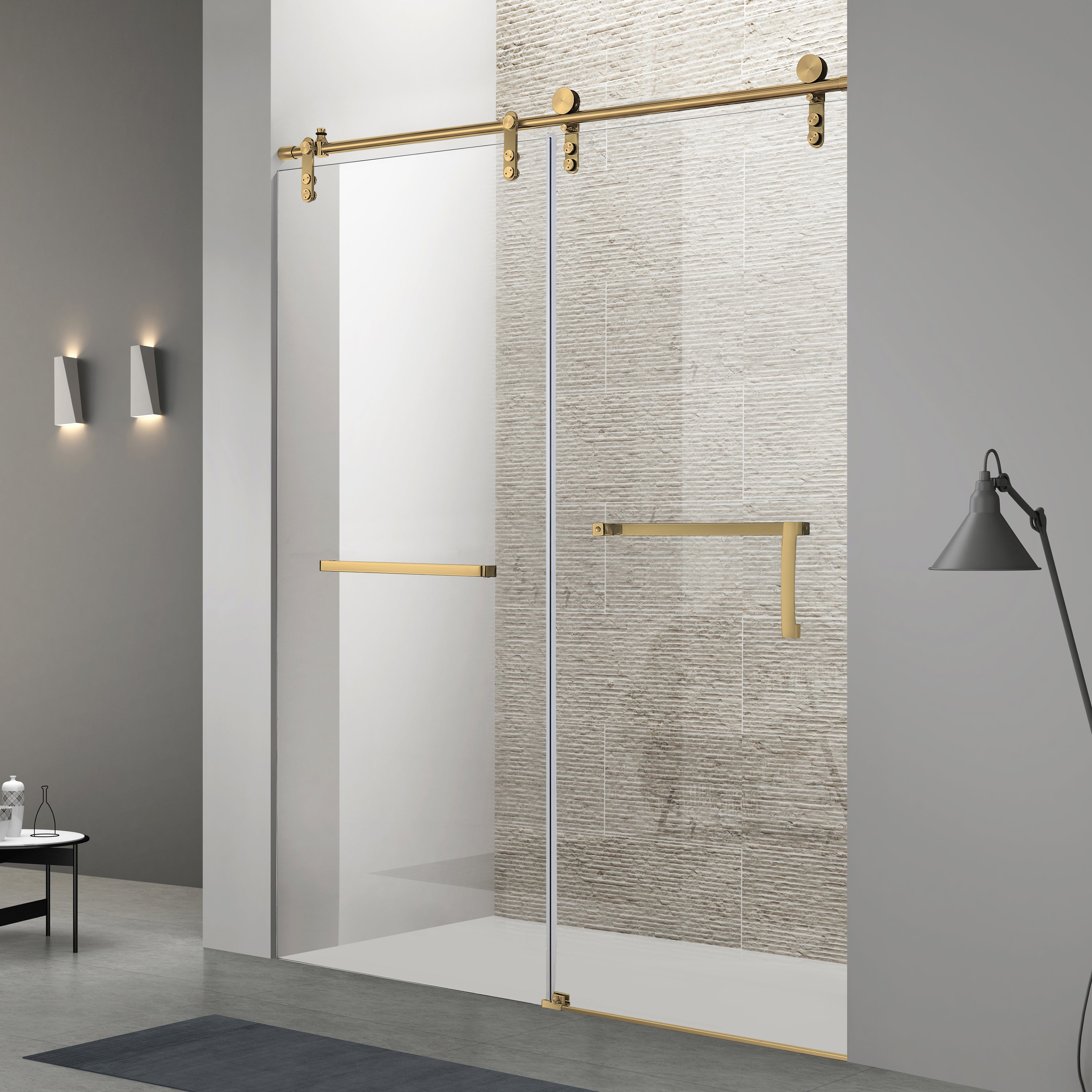 60 x 76 in Brushed Gold Single Sliding Shower Door front view