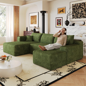 Green corduroy L-shaped sectional sofa, 103 inch deep-seat corner couch, front view