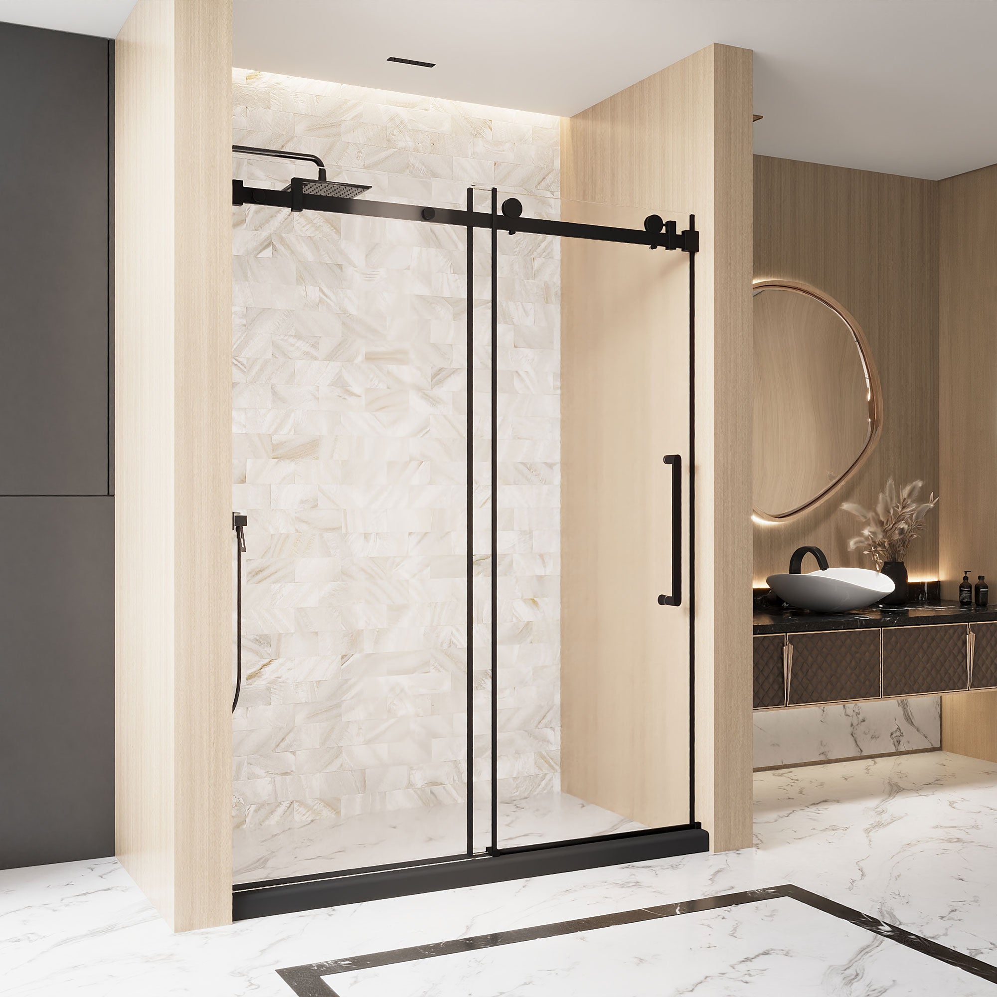 48 x 76 in Frameless Single Sliding Square-Tube Shower Door - 48 x 76 in / Matte Black / Square Tube view 2