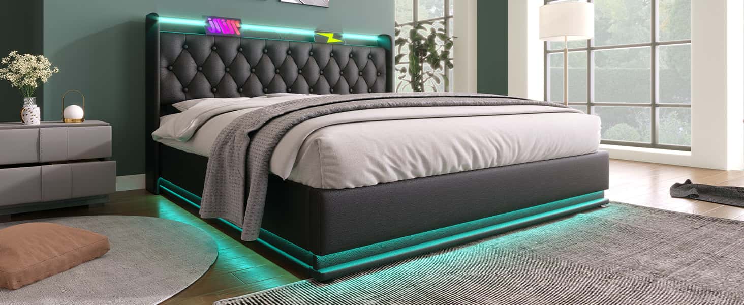 Queen size Upholstered bed, 360 surround LED function, Buttons/Apps/Remote Control, hydraulic storage bed with USB Type-C charging, Black,PU (Without mattress)