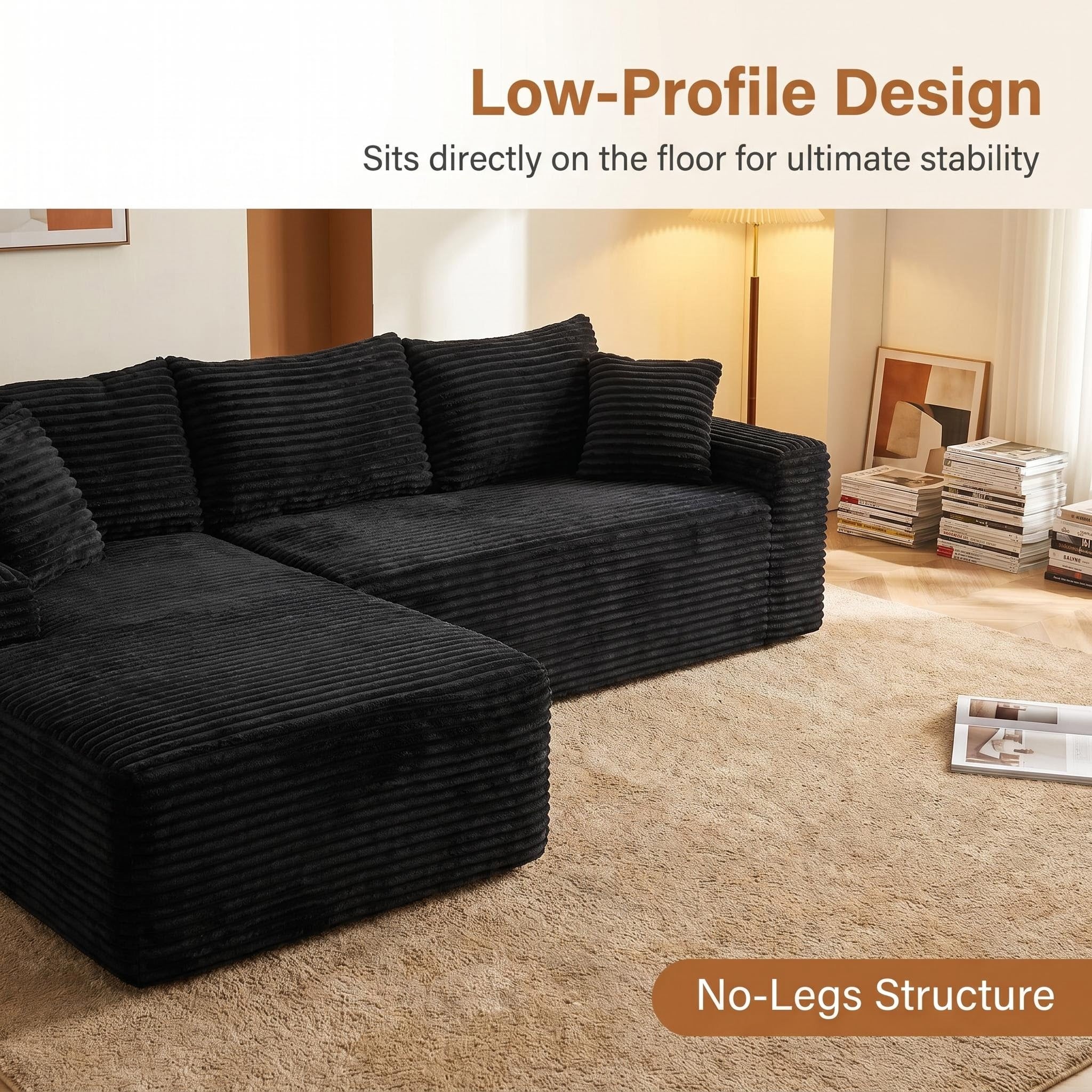 Modern minimalist cloud sectional sofa chaise detail view