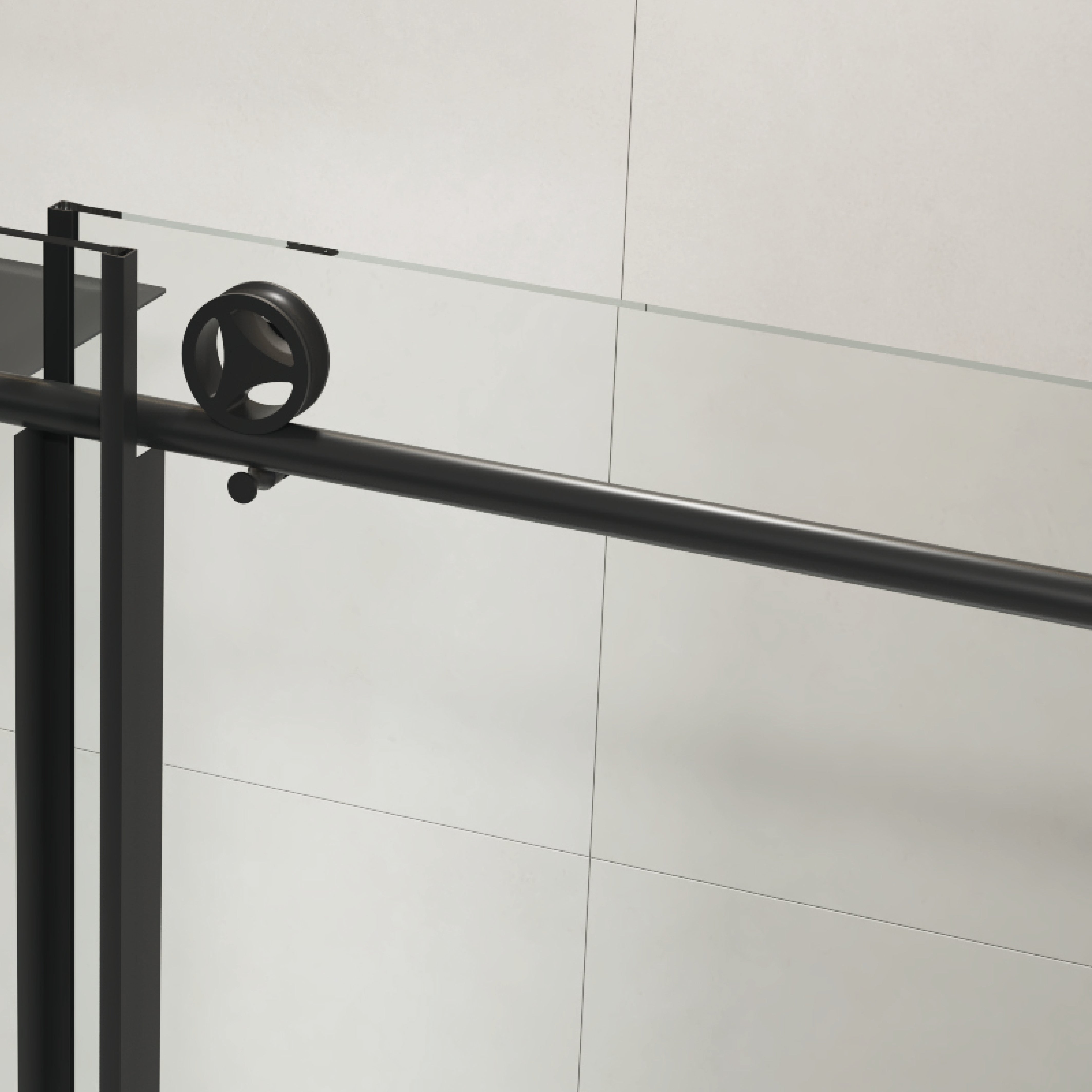 Frameless sliding shower door 60x76 matte black clear glass, roller track detail