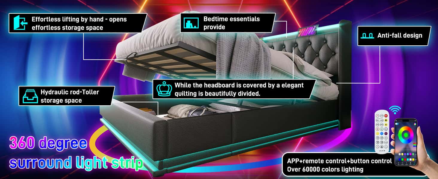 Queen size Upholstered bed, 360 surround LED function, Buttons/Apps/Remote Control, hydraulic storage bed with USB Type-C charging, Black,PU (Without mattress)