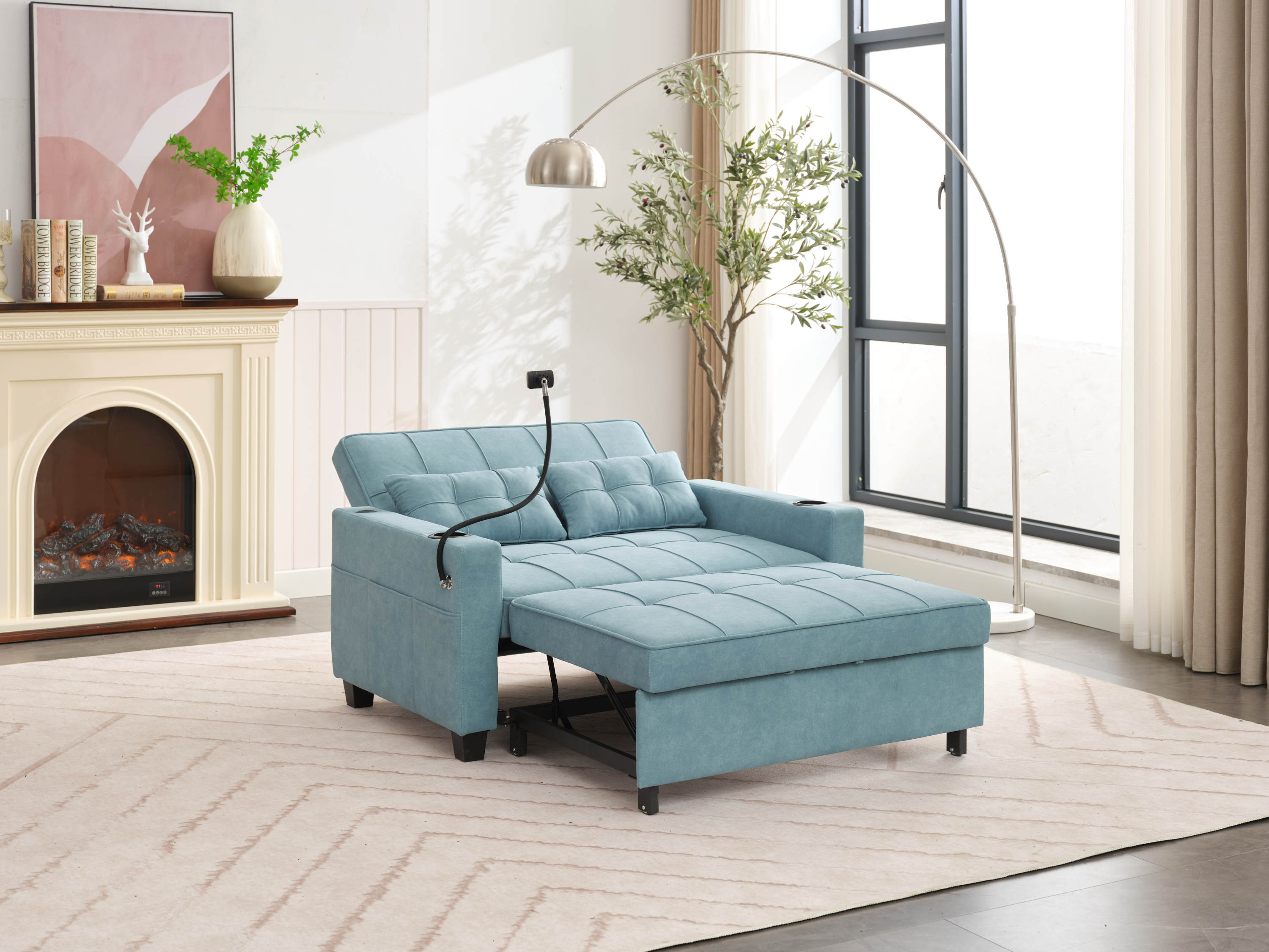 Futon Chair Bed Convertible Chair 3-in-1 Pull Out Sleeper Chair Beds with USB Ports,Wear-resistant and Anti-scratch, Armchair Bed Sleeper for Living Room (Green Tech cloth)