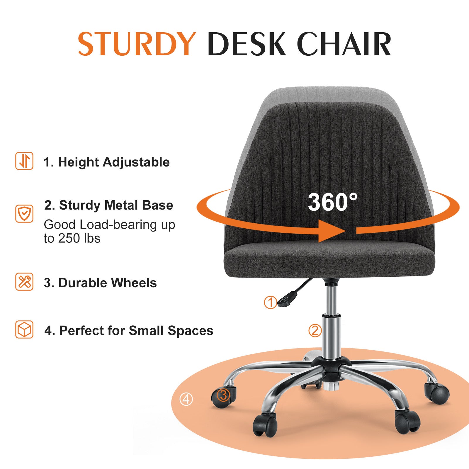 Sweetcrispy Armless Home Office Desk Chair with Wheels Adjustable Swivel Task Computer Vanity Chair for Small Spaces