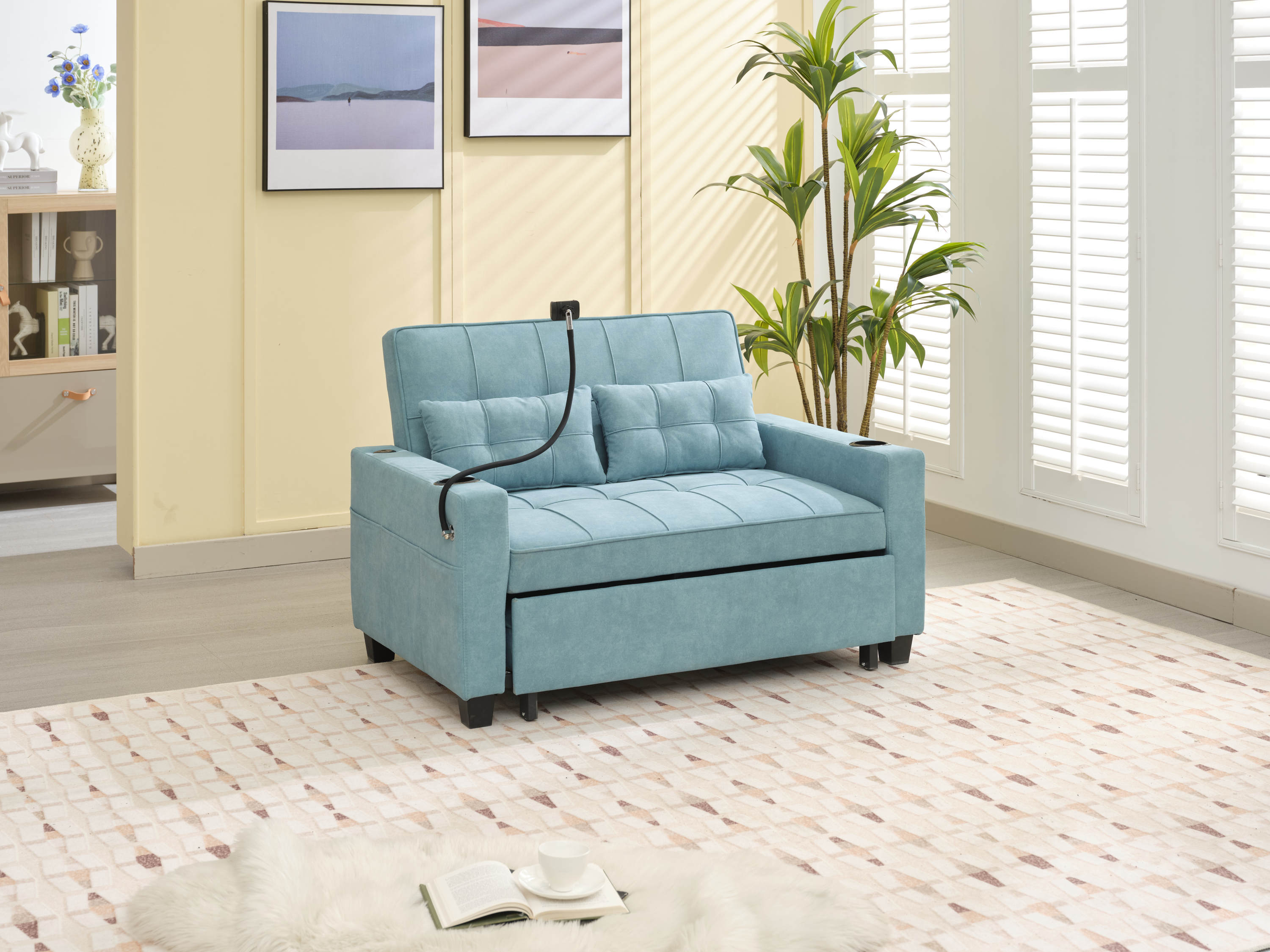 Futon Chair Bed Convertible Chair 3-in-1 Pull Out Sleeper Chair Beds with USB Ports,Wear-resistant and Anti-scratch, Armchair Bed Sleeper for Living Room (Green Tech cloth)