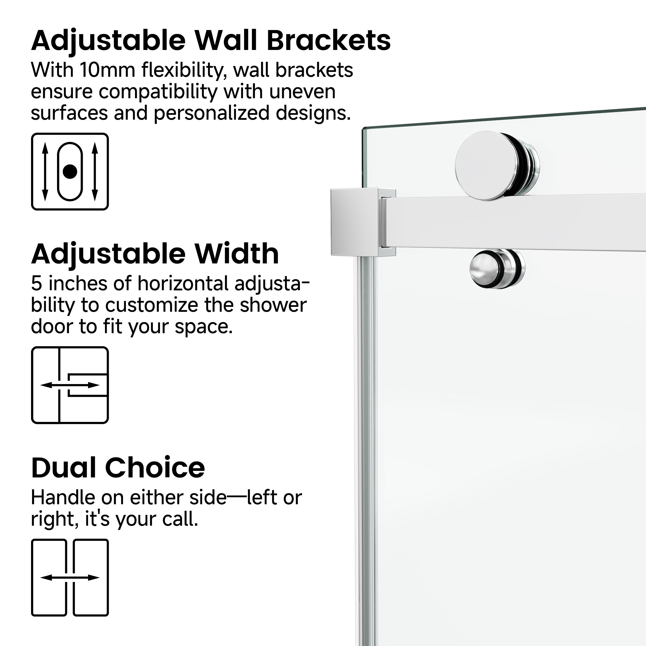 Sliding shower door 60x76 inch chrome roller hardware close-up view
