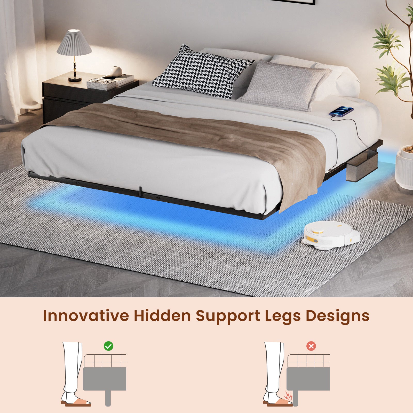 Floating Bed Frame King Size with LED Lights & charging station, Metal Platform Queen Bed, 79.9'' L x 76.2'' W x 7.9'' H.