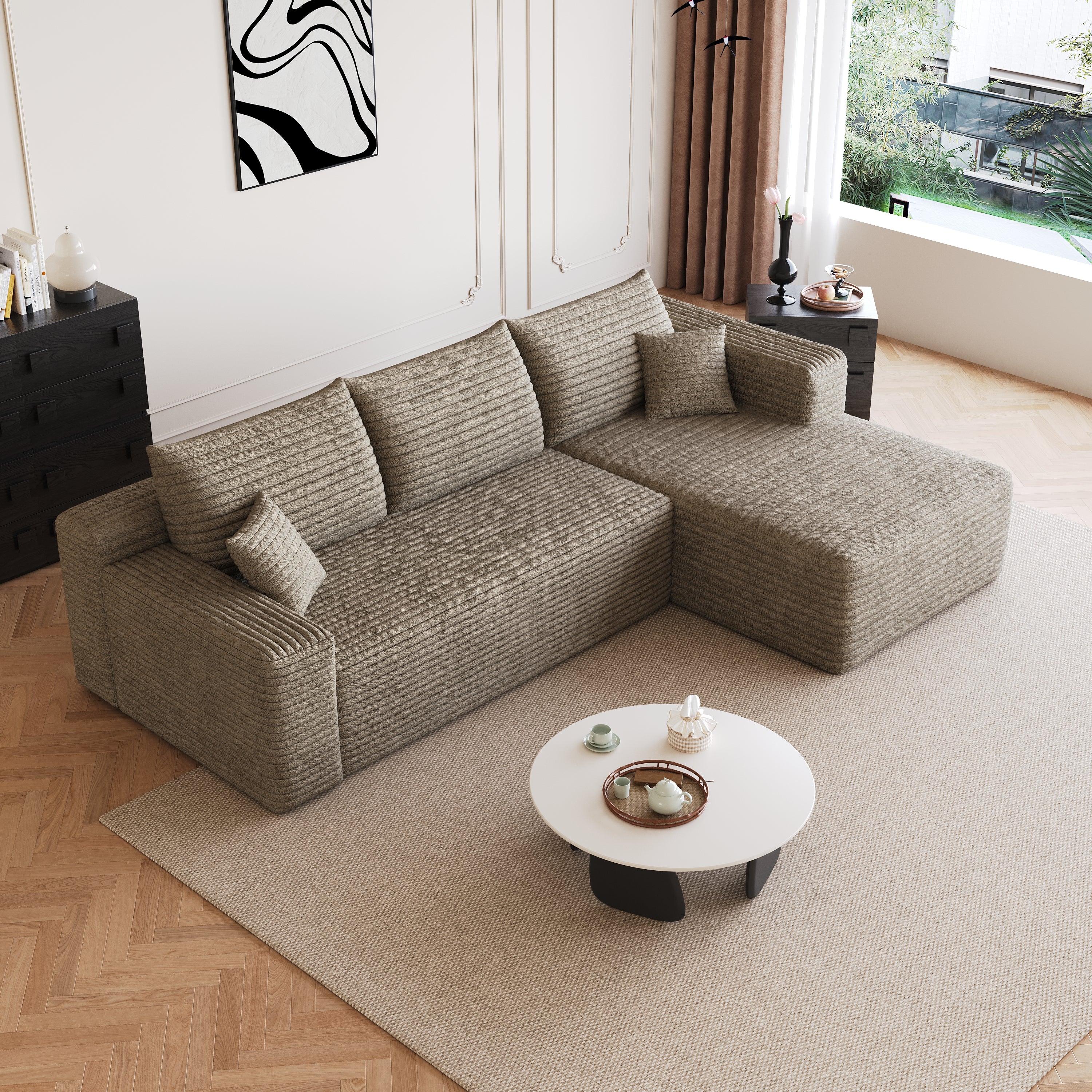 Camel corduroy U-shaped corner couch, living room setting