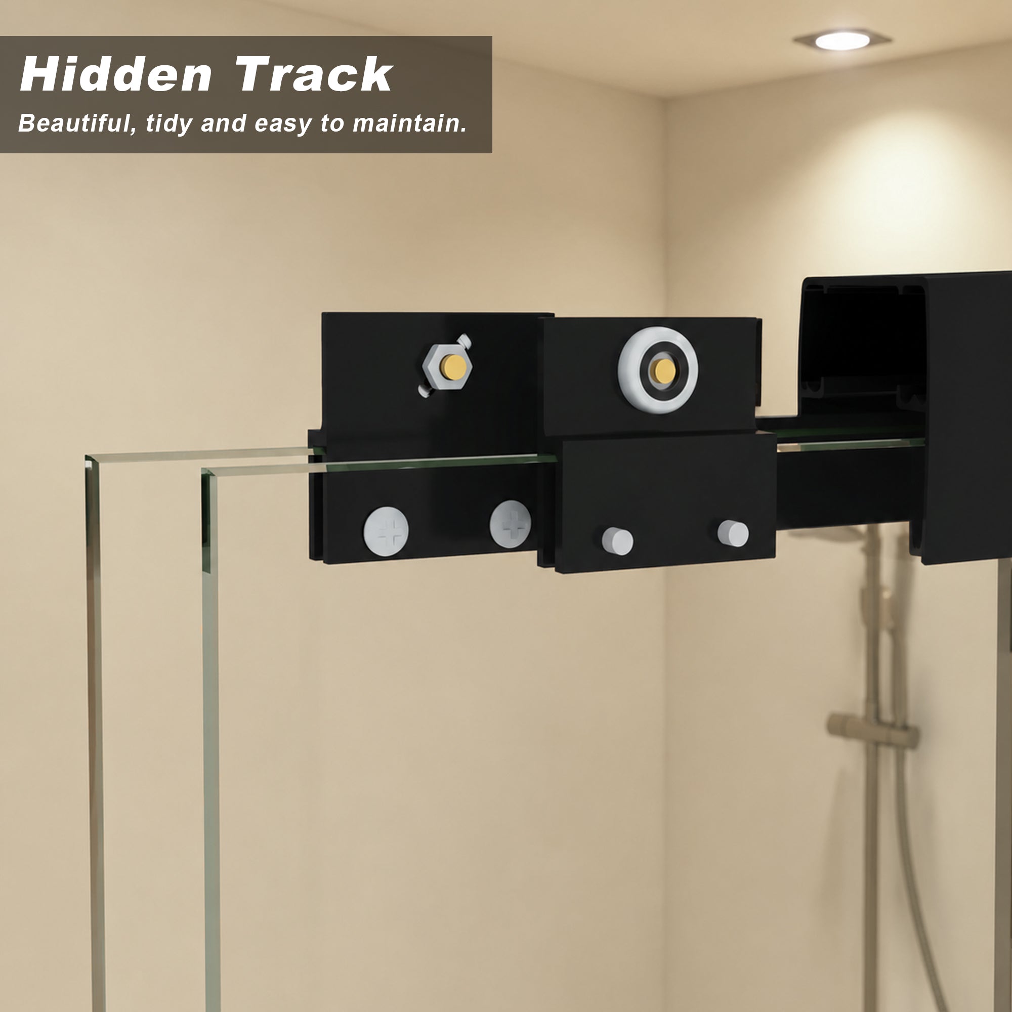 Double sliding shower door, 56-60 in. matte black framed, glass detail