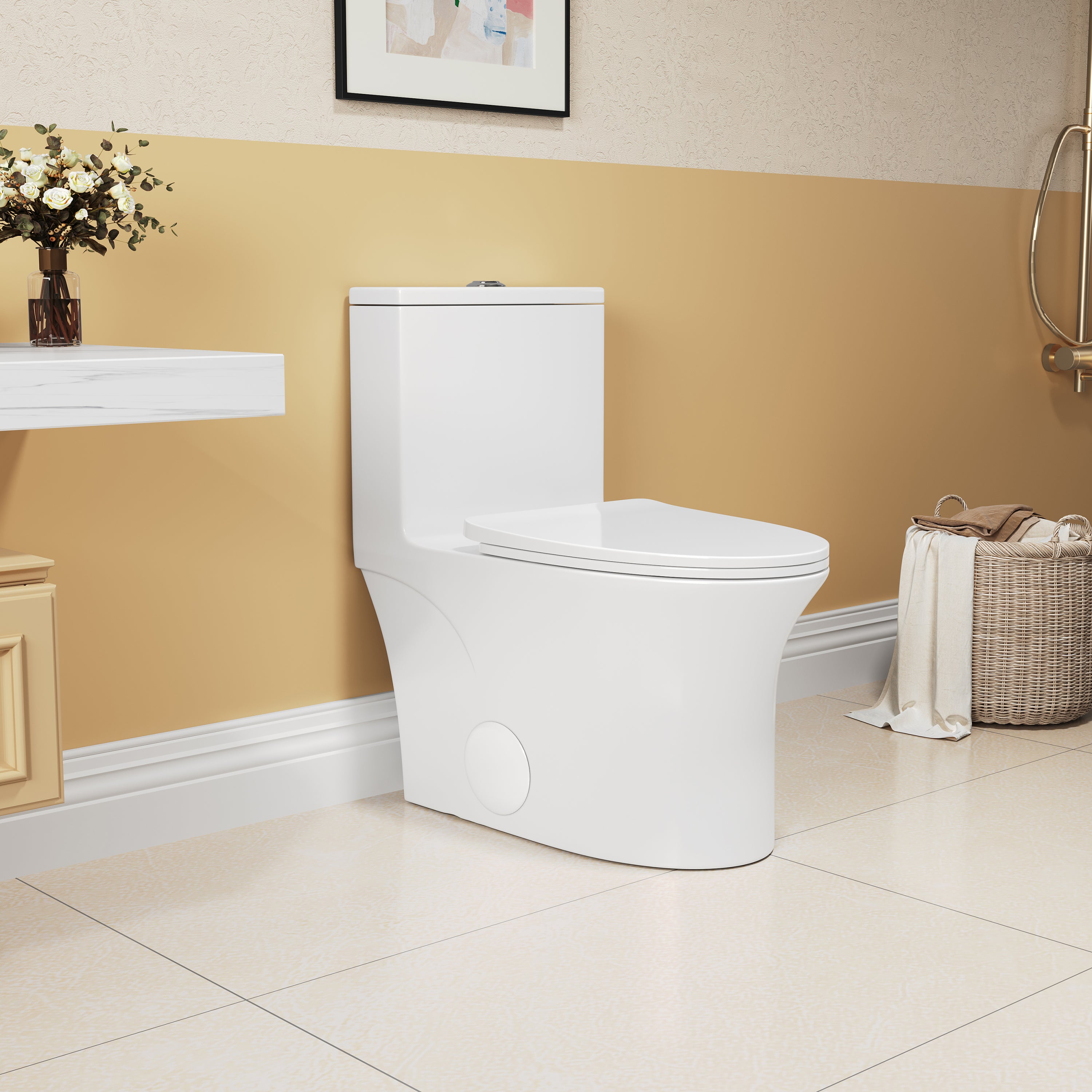 1.1/1.6 GPF Elongated Comfort Height Floor Mounted One-Piece Toilet, CUPC Certified, WaterSense Cetified, Ceramic, White Color, Soft Close Seat T039WT