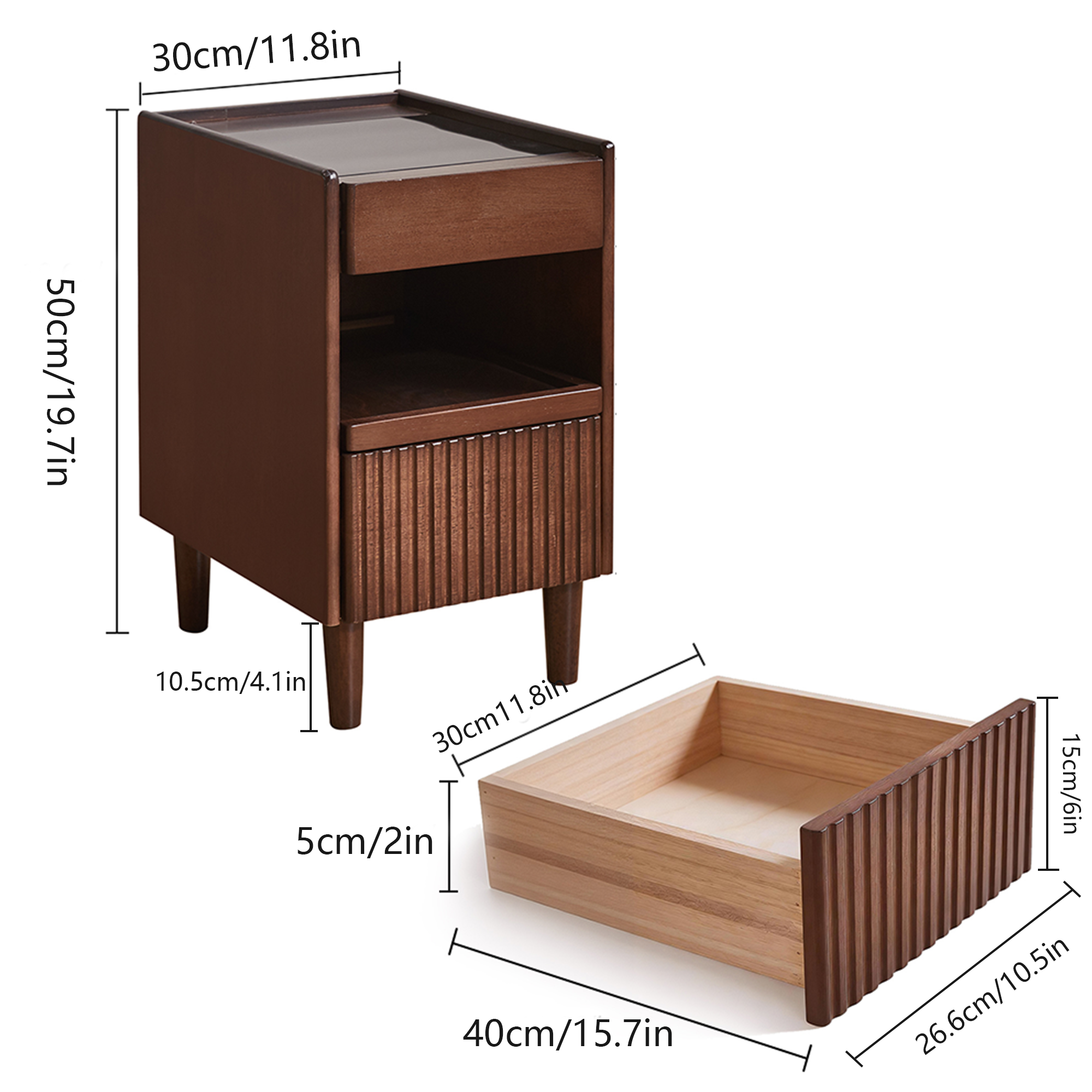 Compact wood bedside table nightstand, angled view showing drawer and shelves