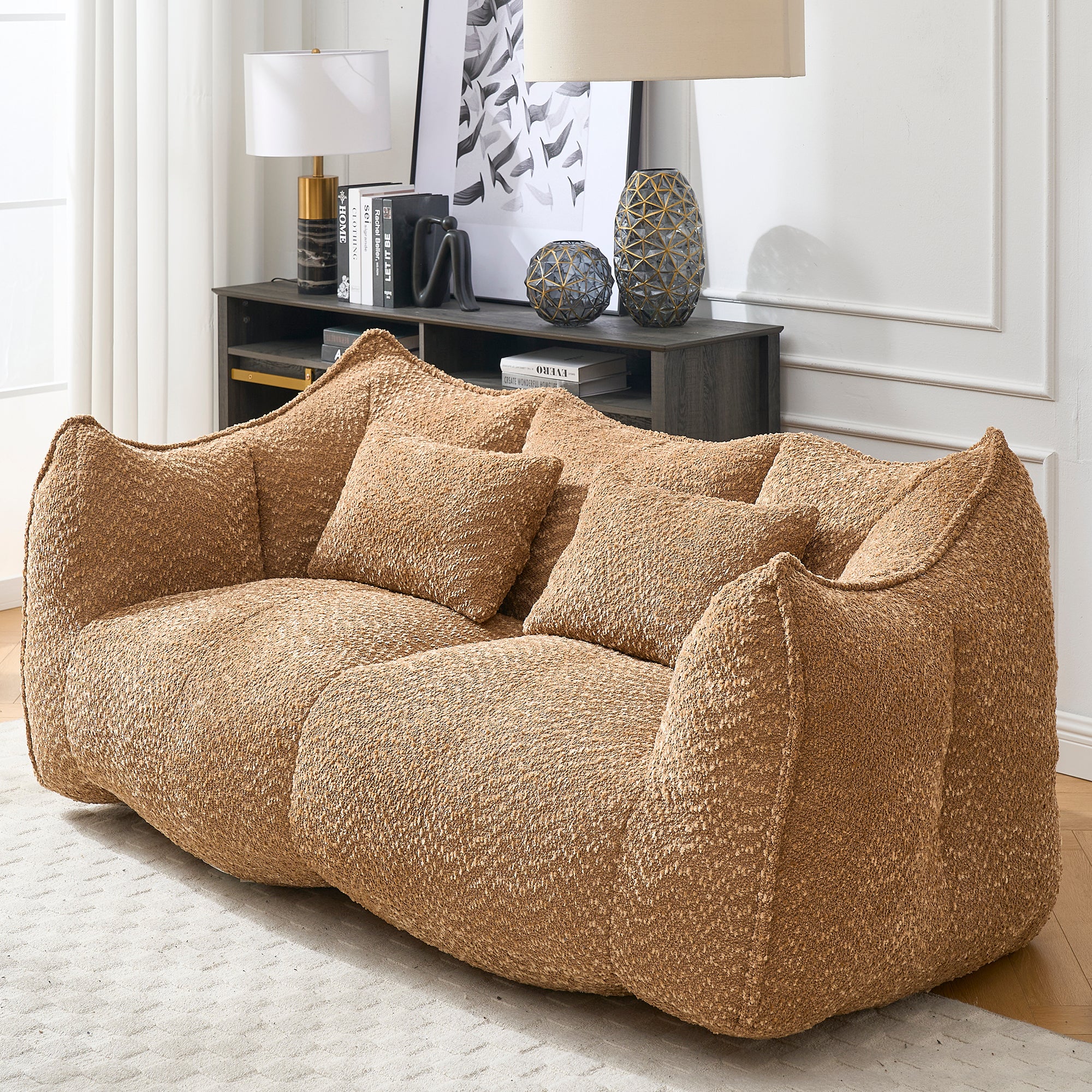 Soft square two-person beanbag recliner sofa, close-up surface view