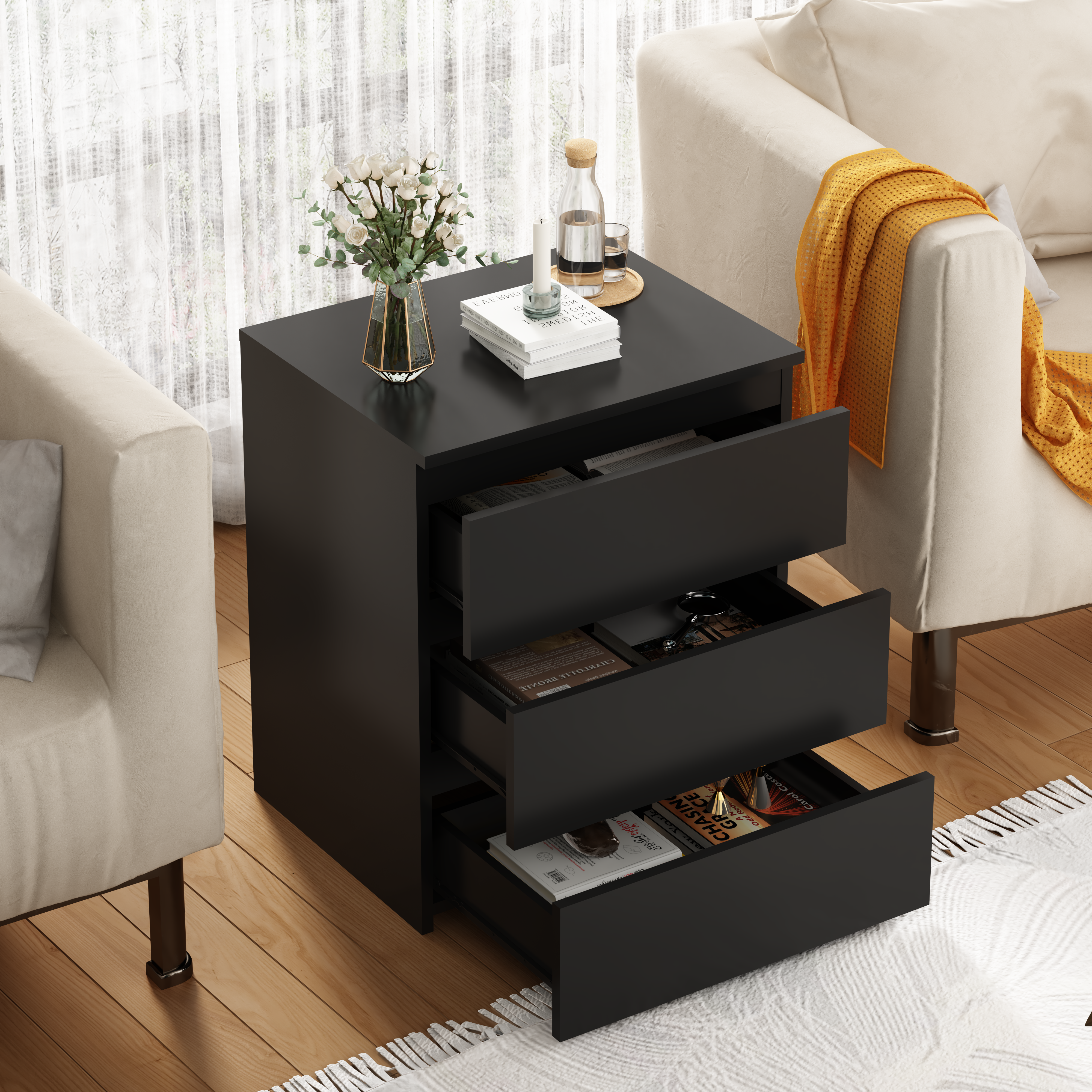 Wooden 3-drawer dresser in bedroom setting, styled view
