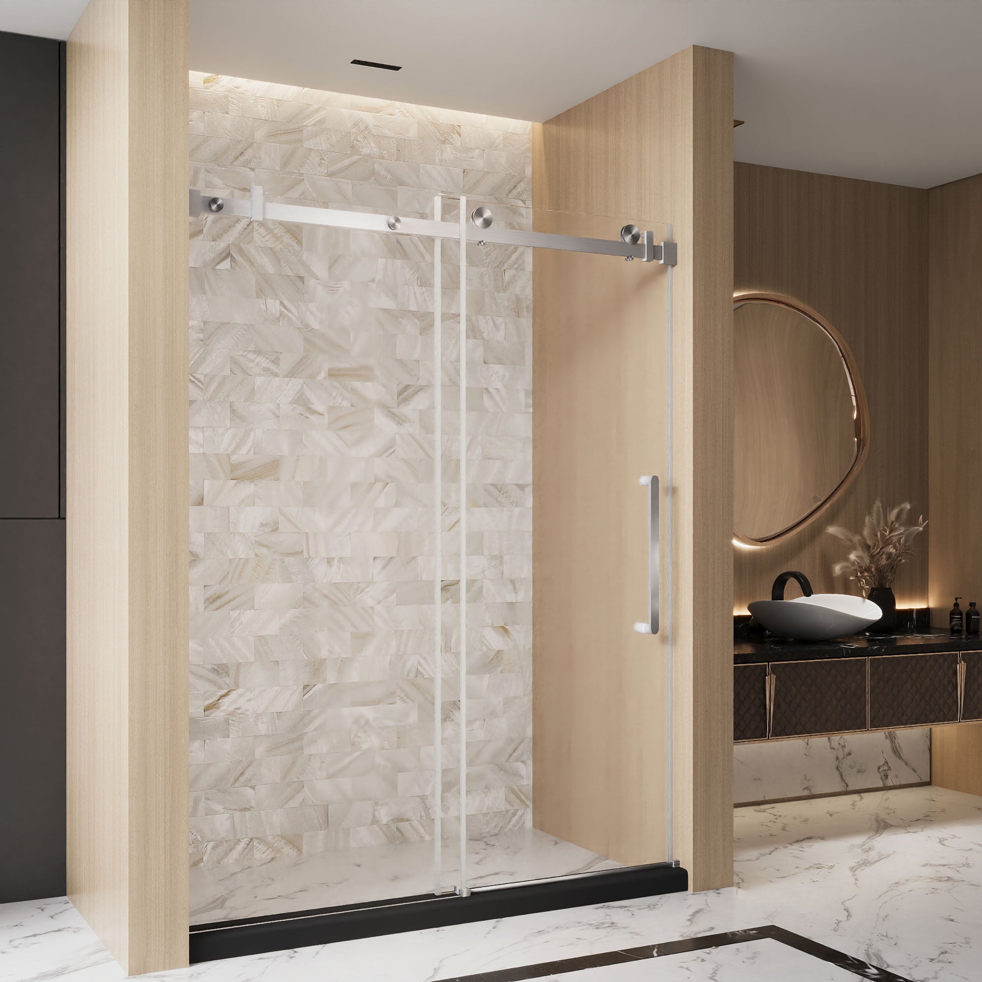 56-60 x 76 in Frameless Single Sliding Square-Tube Shower Door - 56-60 x 76 in / Brushed Nickel / Square Tube view 3
