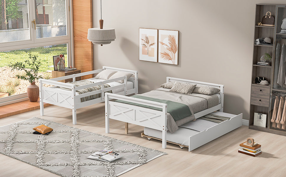 White bunk bed with trundle in styled bedroom, room view