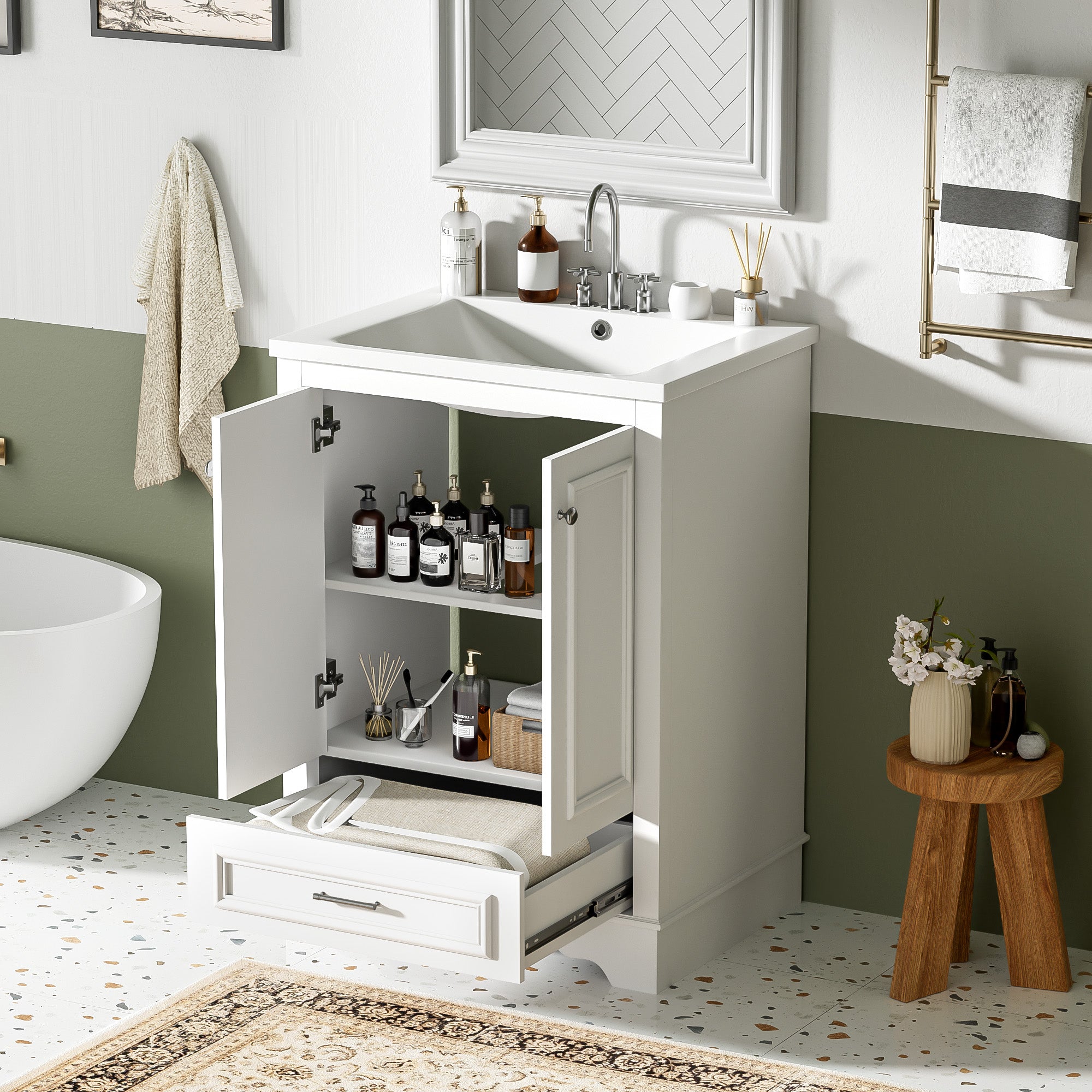 24 inch freestanding storage cabinet vanity with silver handles, open door view