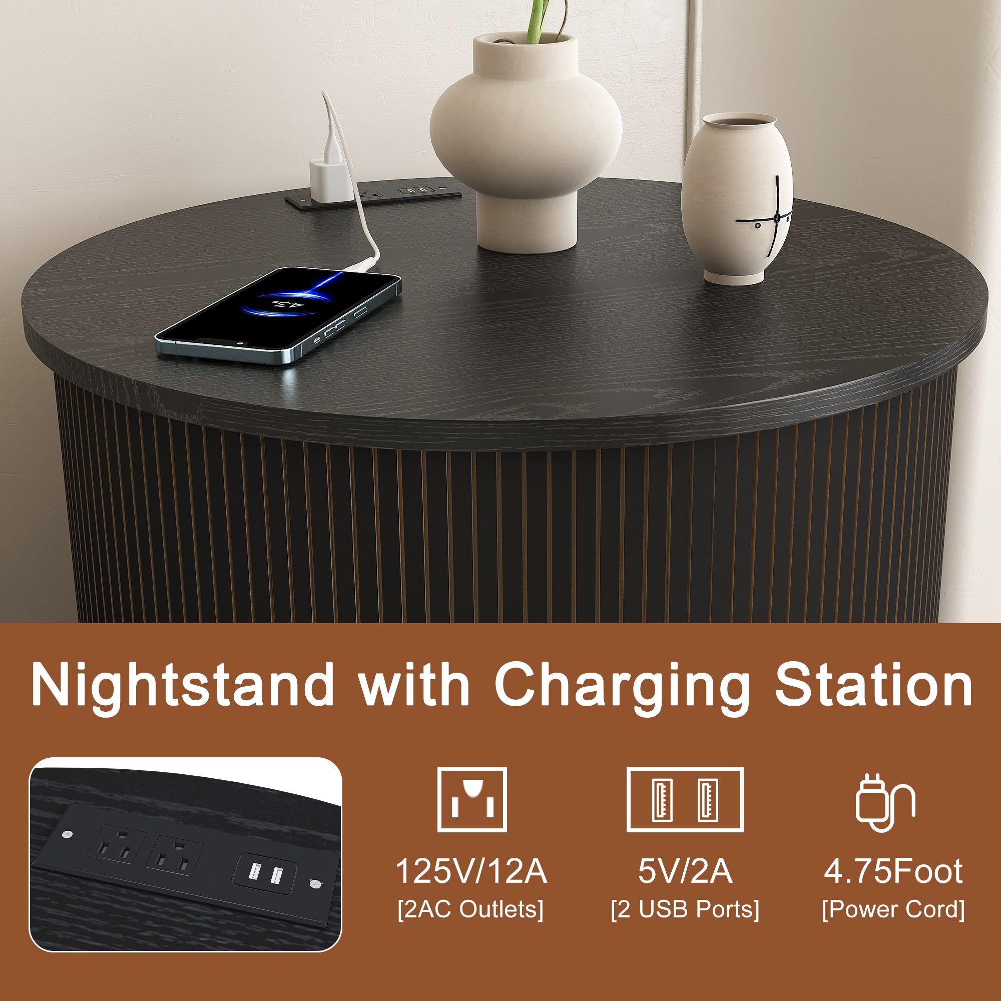 Mid century nightstand black built-in USB charging station close-up