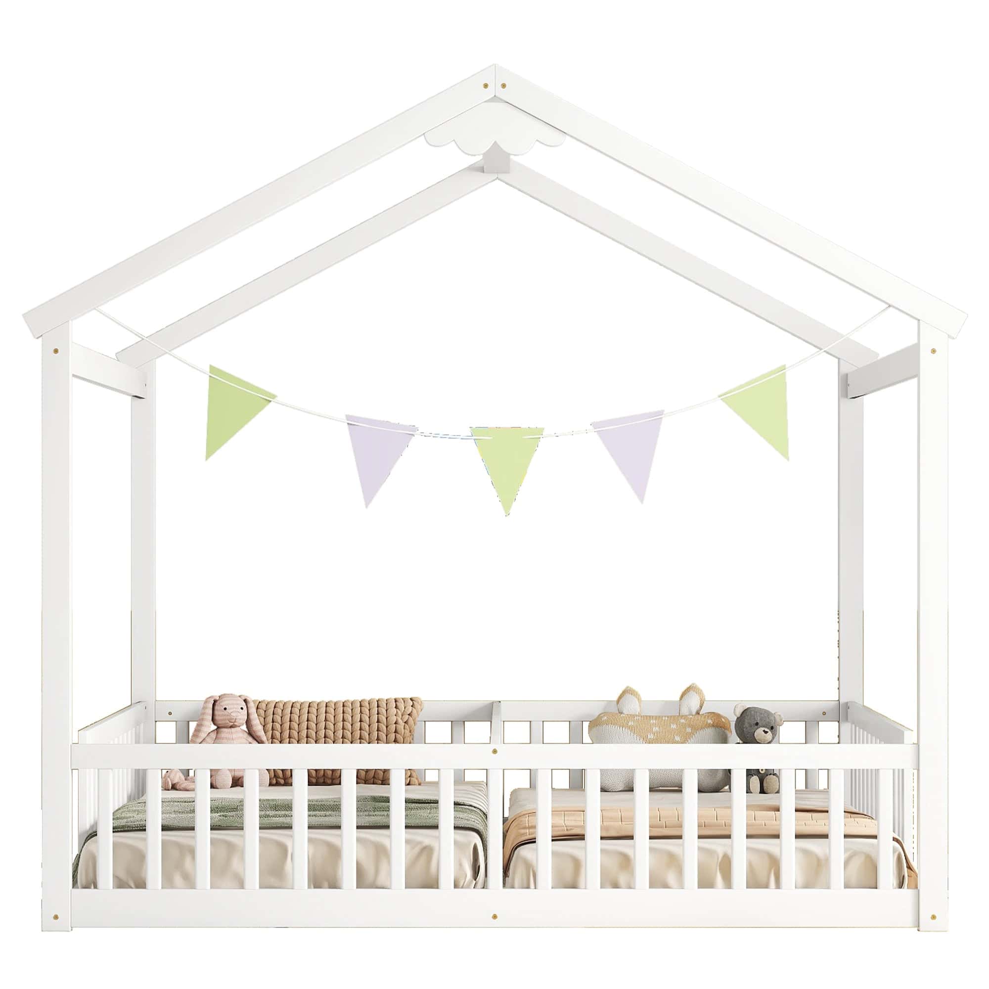 Double Twin House-Style Floor Bed with Fence, Guardrails, without door, White