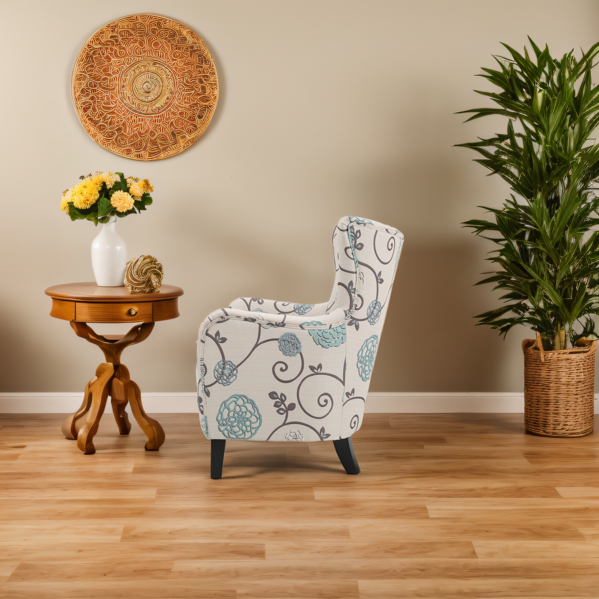 Elegant Vintage Fabric Club Chair, White and Blue Floral Pattern, Stylish Armchair for Classic Home Decor, Comfortable Seating for Relaxing Evenings