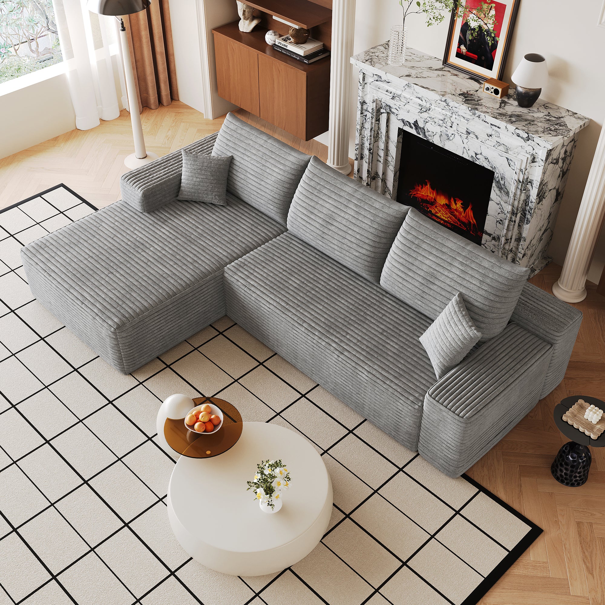 L-shape chaise modular sofa in grey corduroy, side view
