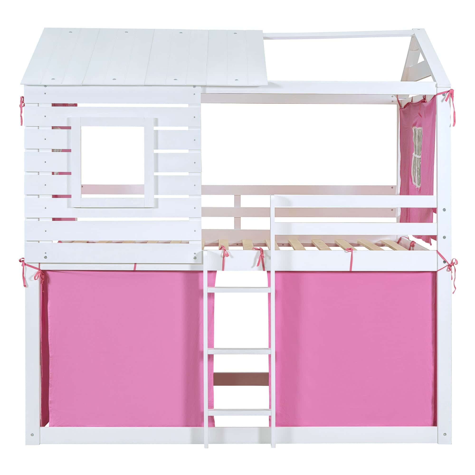 Full Size Bunk Wood House Bed with Tent, Pink+White