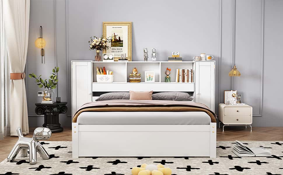 Full Size Platform Bed with Storage Headboard and Lockers, White