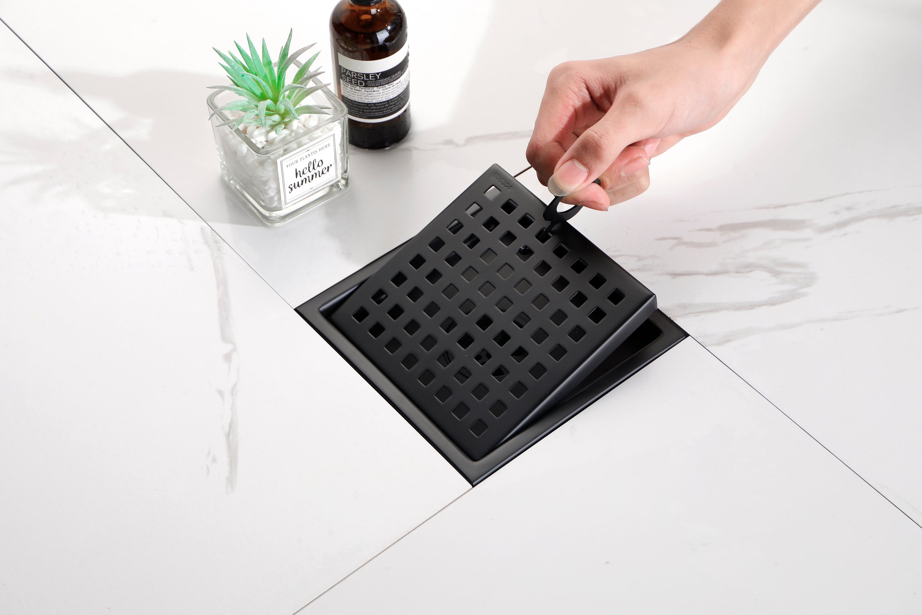 6 Inch Square Shower Floor Drain Square Shower Floor Drain with Flange,Pattern Grate Removable,Food-Grade SUS 304 Stainless Steel