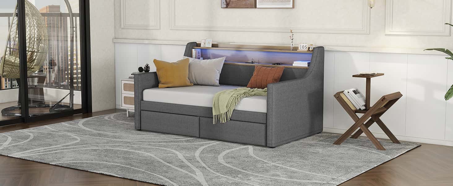 Twin Size Daybed with Storage Drawers, Upholstered Daybed with Charging Station and LED Lights, Gray(Old Item W1580S00023)