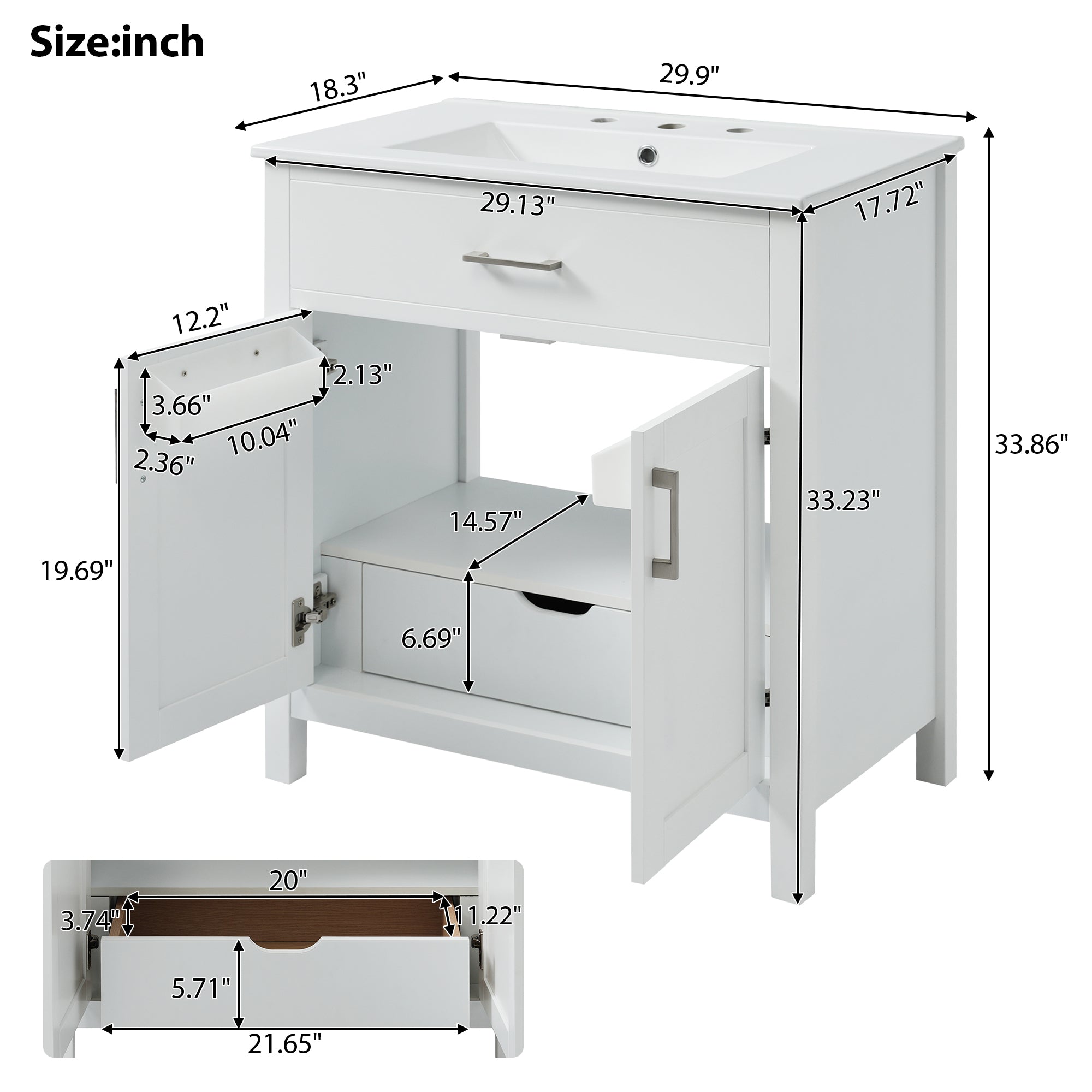 30-inch ceramic sink bathroom vanity styled in small bathroom