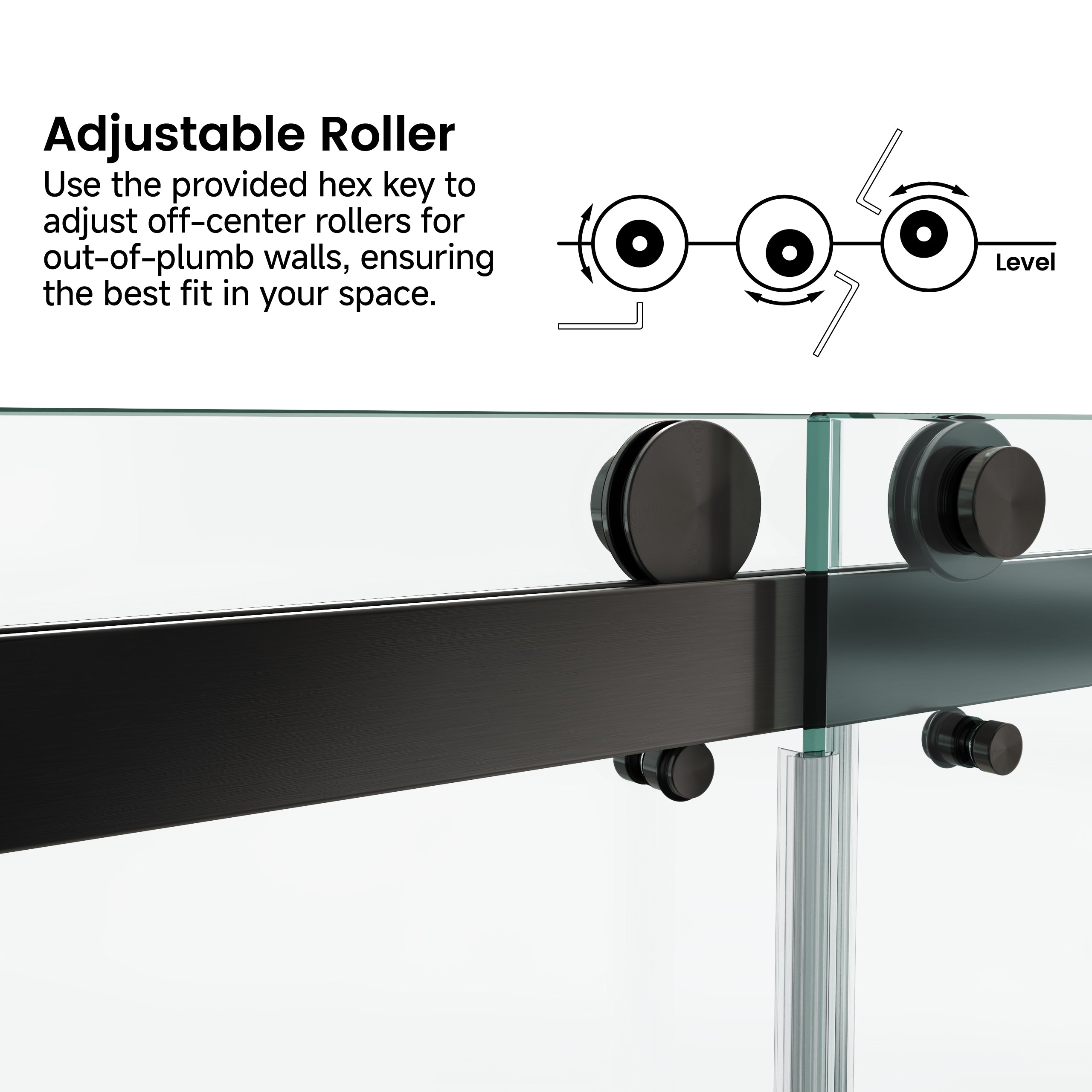 Frameless double sliding shower door hardware closeup