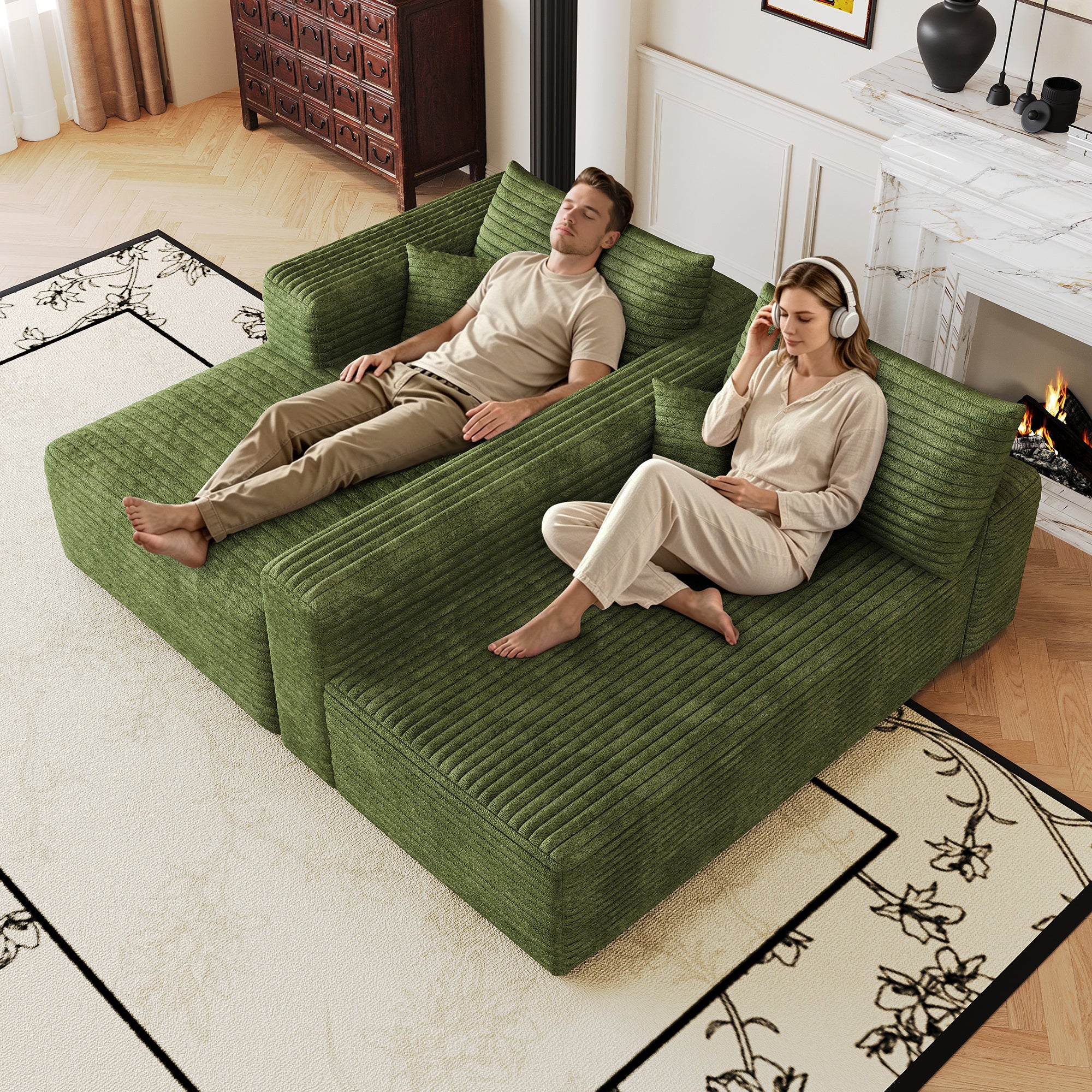 Green plush corduroy corner couch, side profile