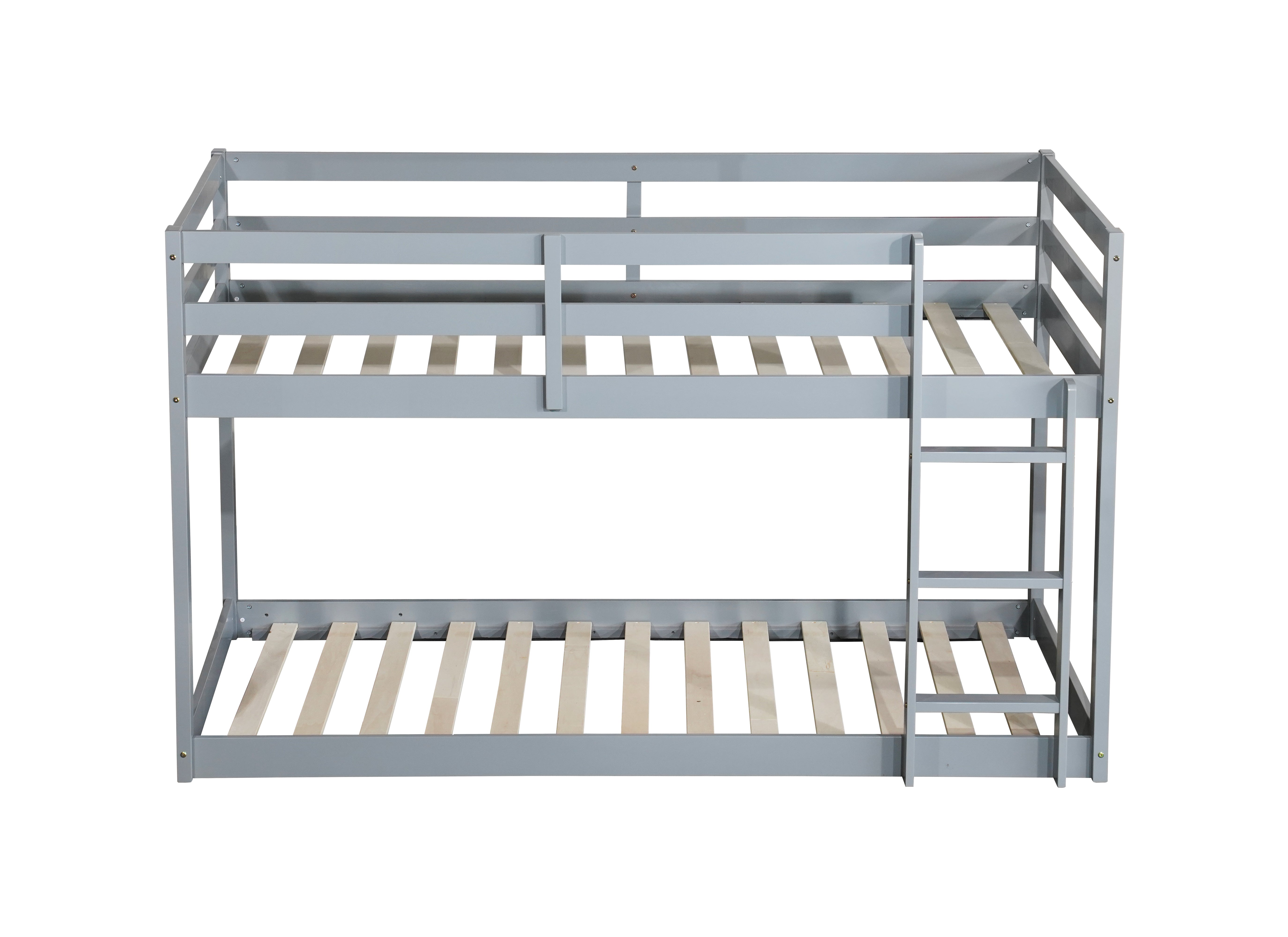 Twin over twin solid wood floor bunk bed with ladder in grey, full front view
