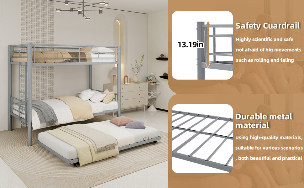 Silver metal triple bunk bed frame, twin size, front view