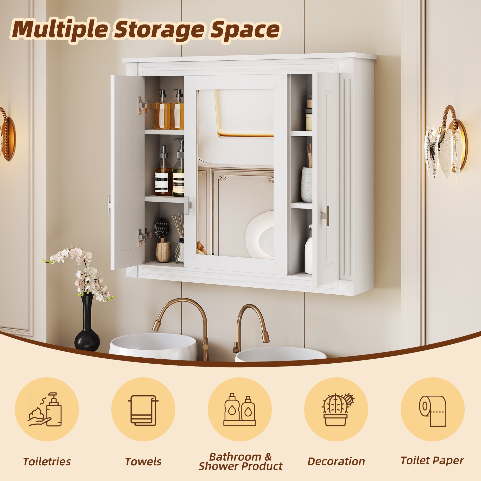 White mirrored bathroom cabinet mounted over toilet, room view