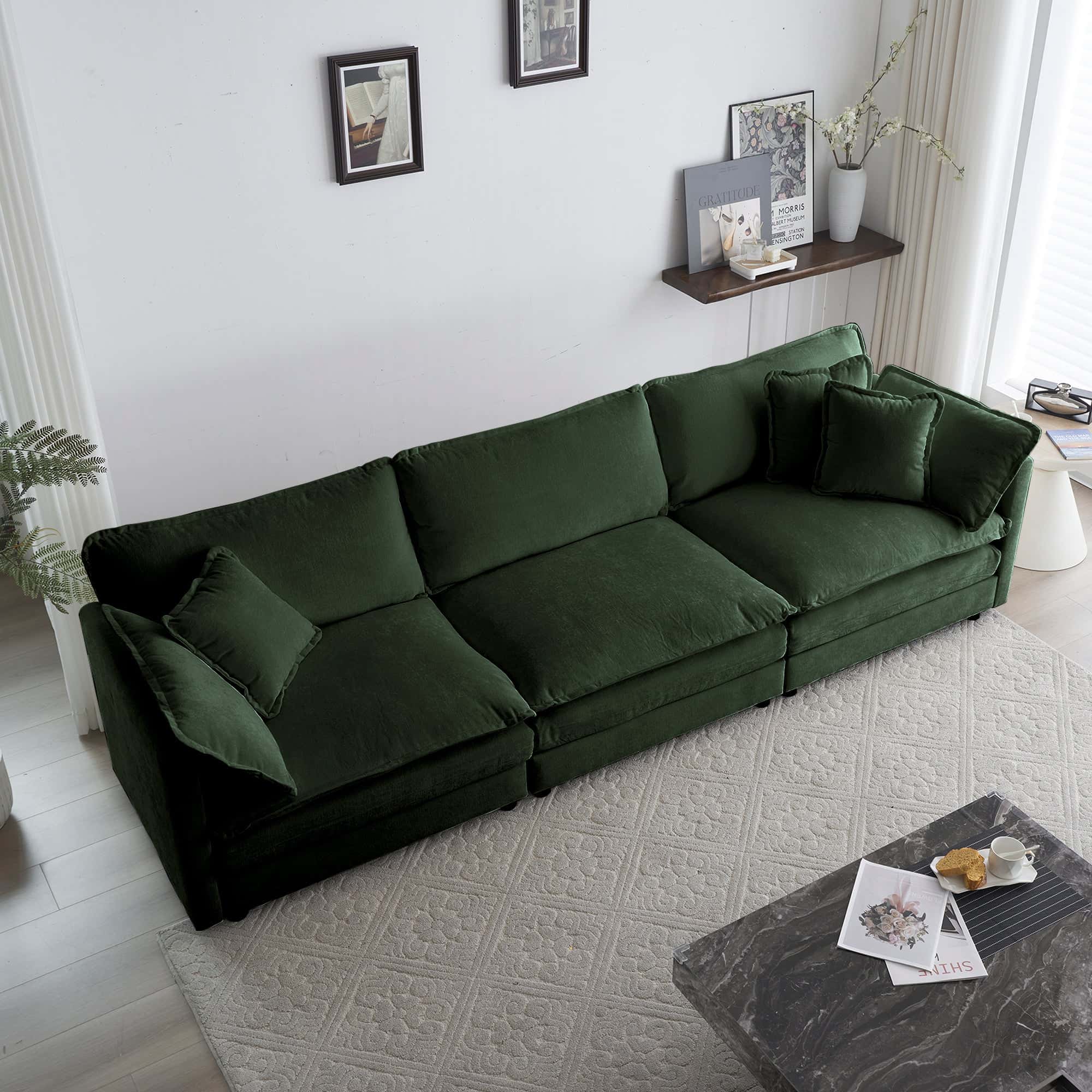 U-Shaped Sectional Sofa w/Reversible Footrest, 5-Seater Convertible Corner Couch with 2 Ottomans ,Modern Minimalist Soft Sofa & Couch for Living Room , Green Chenille