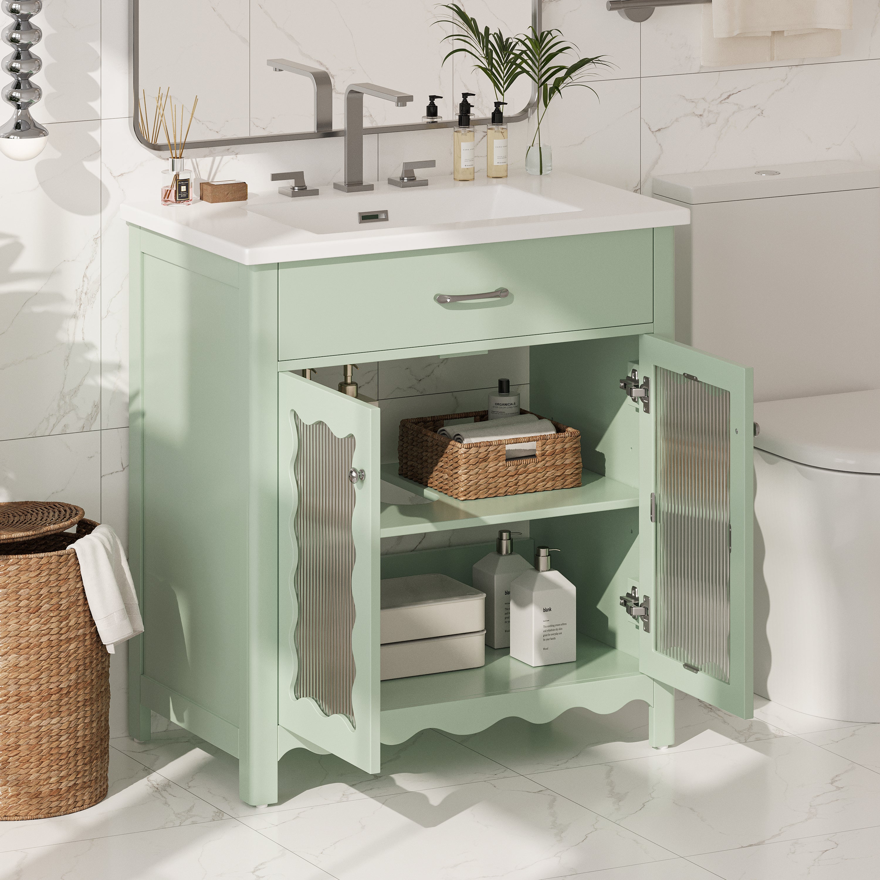 30 inch green modern bathroom vanity tempered glass top detail