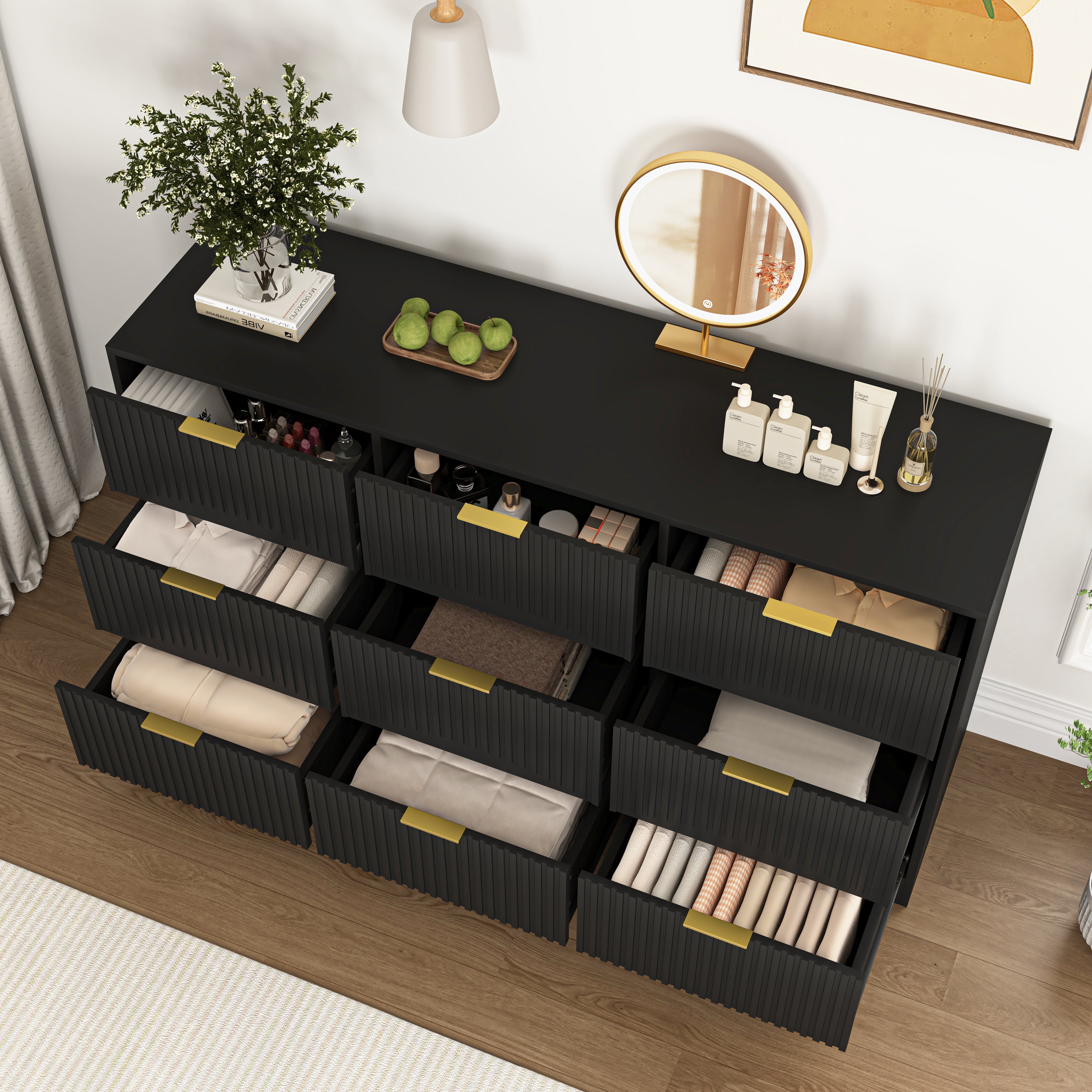 Black 63 inch long dresser wooden chest of drawers living room setting