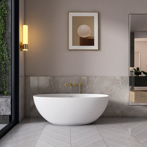 61 inch solid surface freestanding bathtub in white, full side view