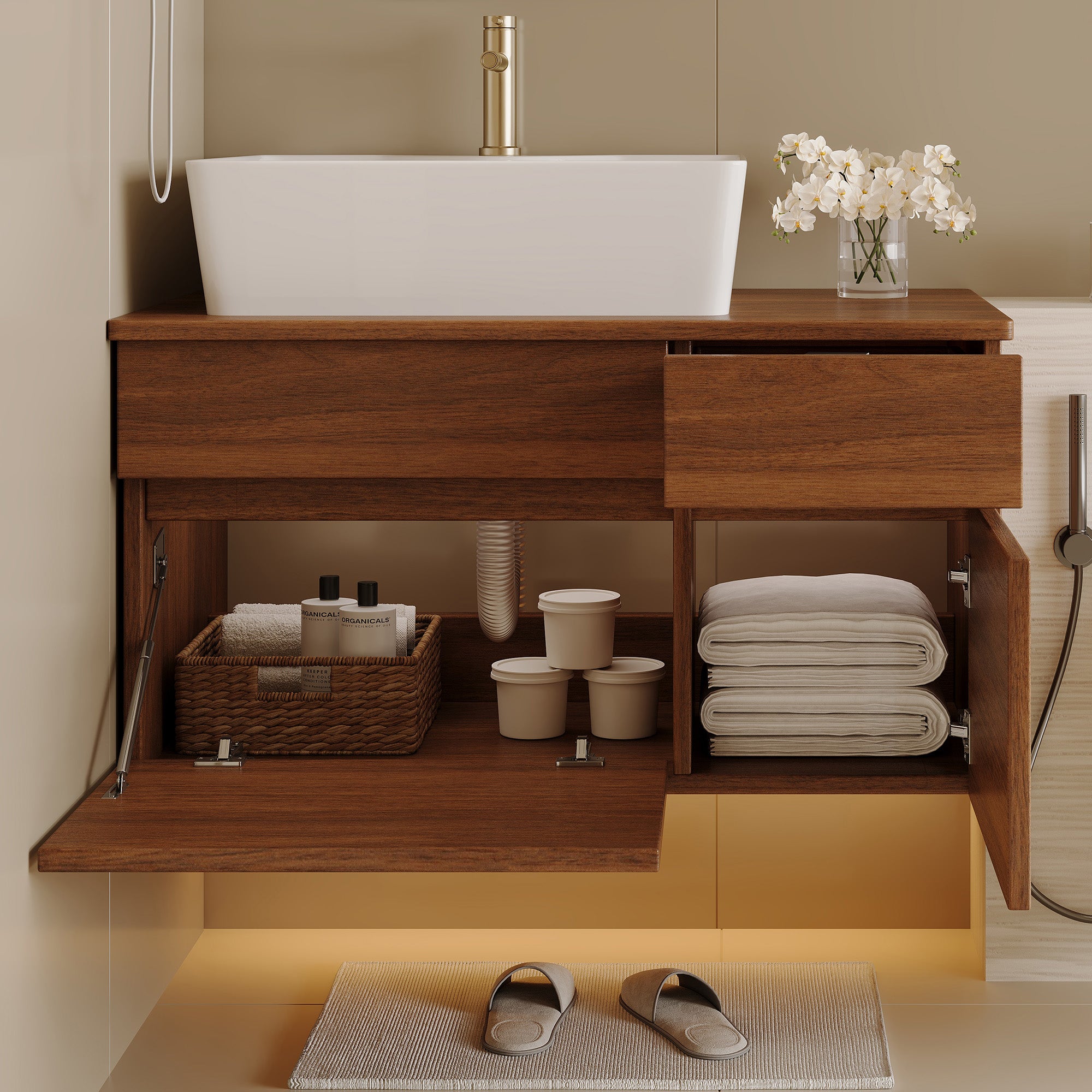Floating single bathroom vanity with sink, side profile